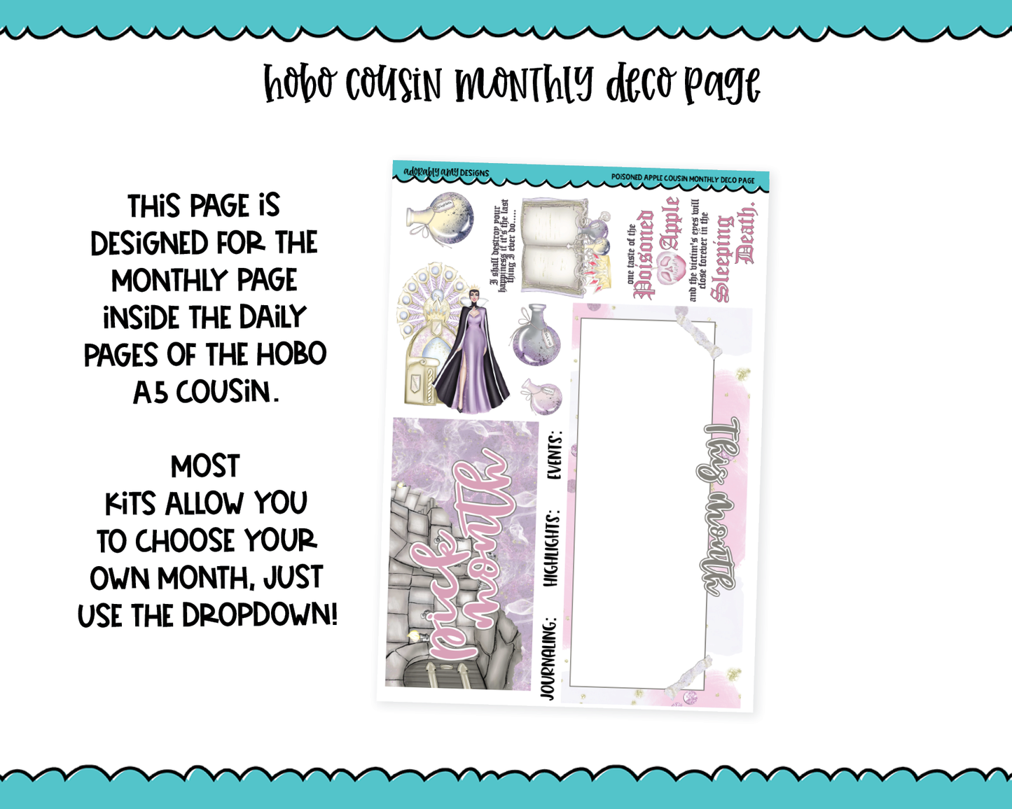 Hobonichi Cousin Monthly Pick Your Month Poisoned Apple Evil Queen Themed Planner Sticker Kit for Hobo Cousin or Similar Planners