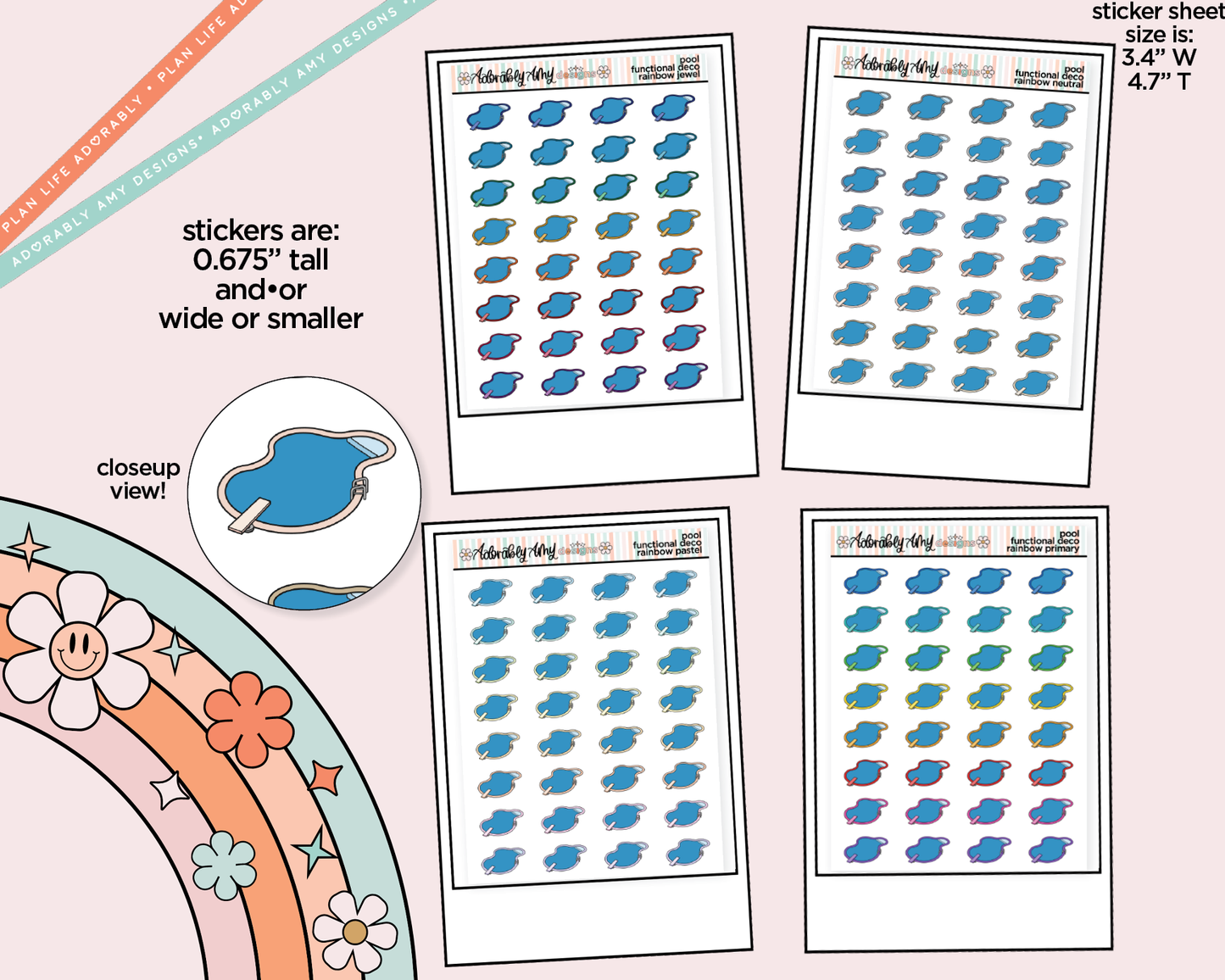 Rainbow Pool - Pool Day - Go Swimming Doodled Icon Stickers - Adorably Amy Designs