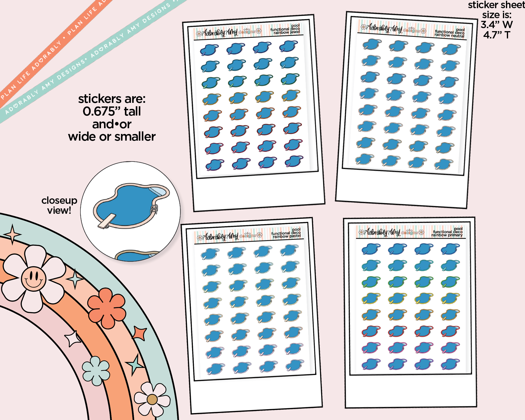 Rainbow Pool - Pool Day - Go Swimming Doodled Icon Stickers - Adorably Amy Designs