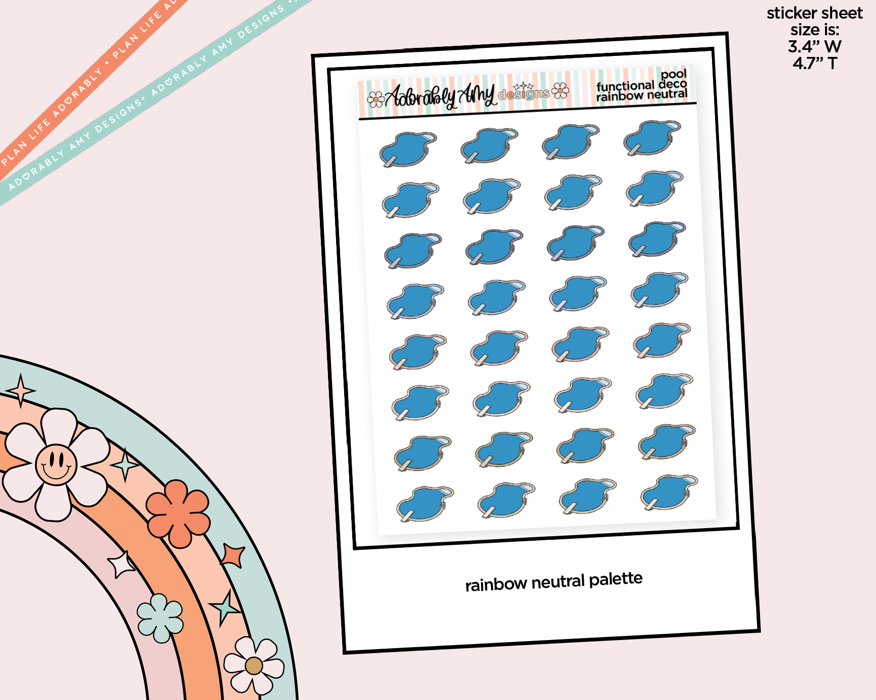 Rainbow Pool - Pool Day - Go Swimming Doodled Icon Stickers - Adorably Amy Designs