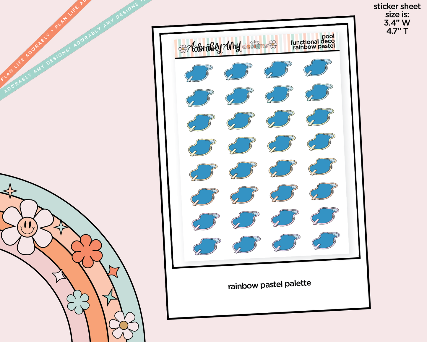 Rainbow Pool - Pool Day - Go Swimming Doodled Icon Stickers - Adorably Amy Designs