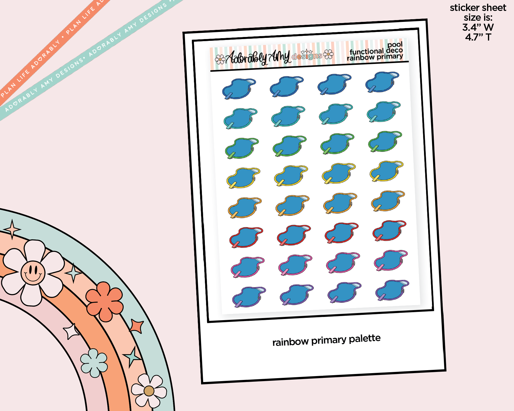 Rainbow Pool - Pool Day - Go Swimming Doodled Icon Stickers - Adorably Amy Designs