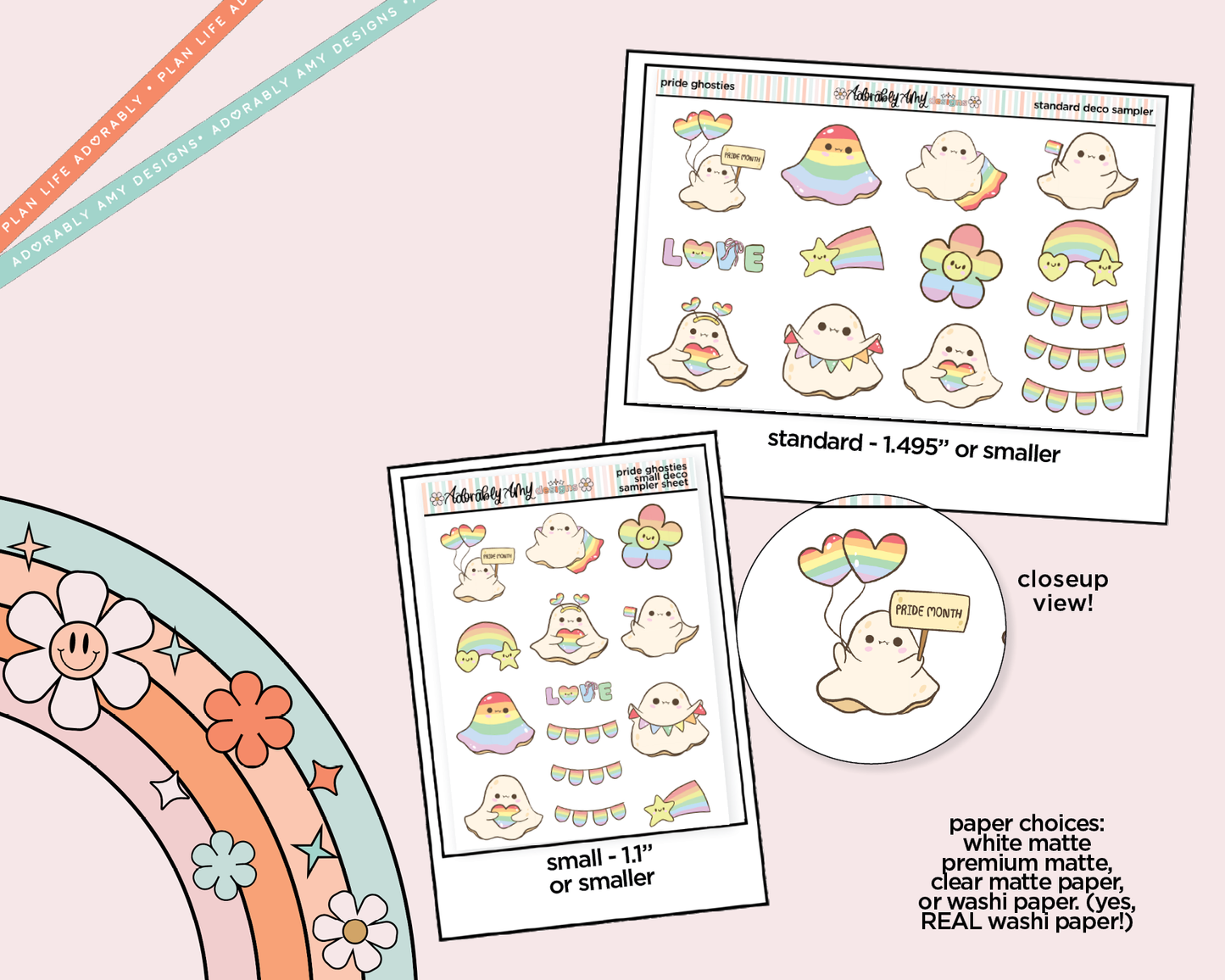 Pride Ghosties Kawaii Deco Samplers in 3 Sizes Decorative Planner Stickers - Adorably Amy Designs
