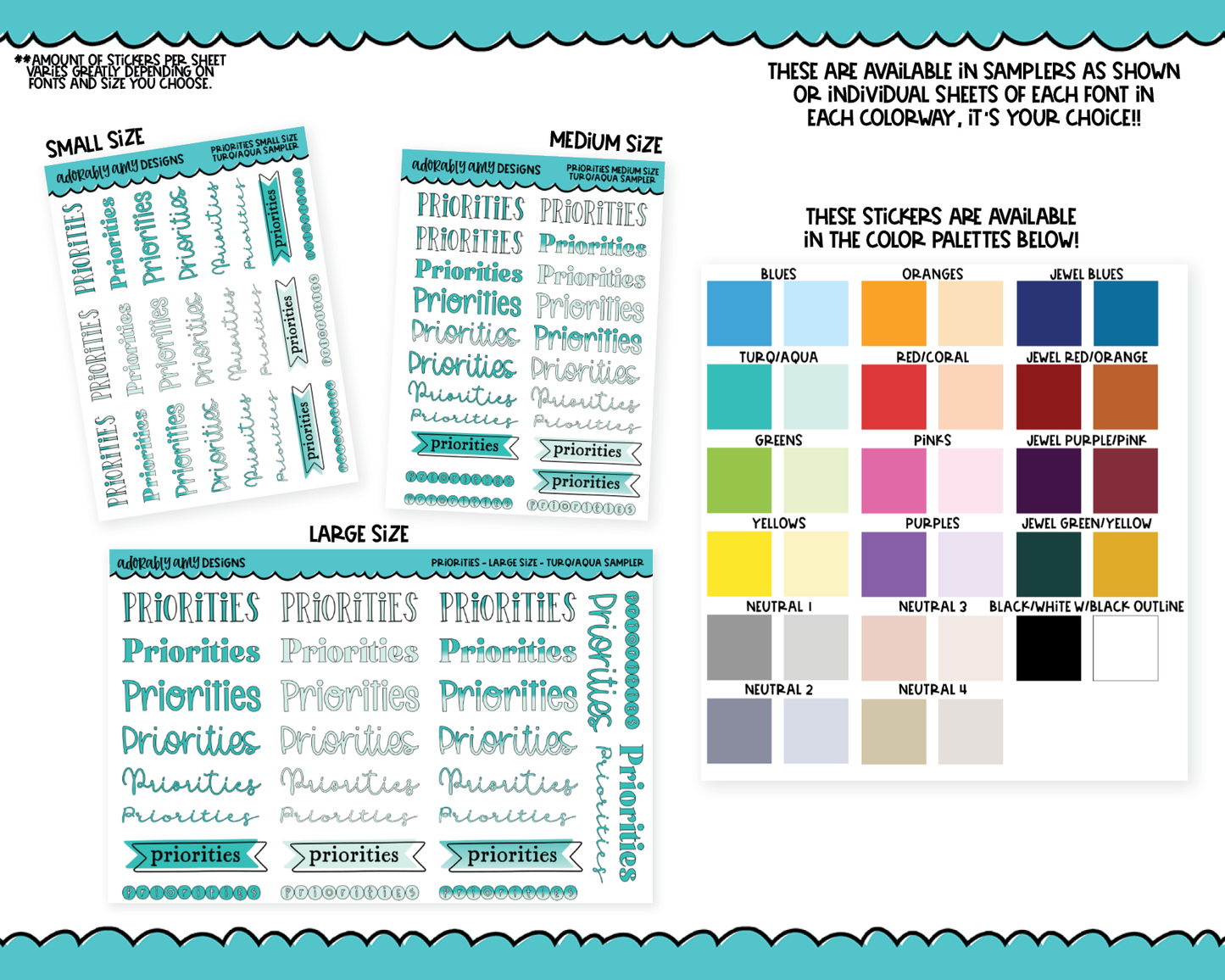 Rainbow or Black Priorities Reminder Stickers - 8 Fonts -  Planner Stickers for any Planner or Insert