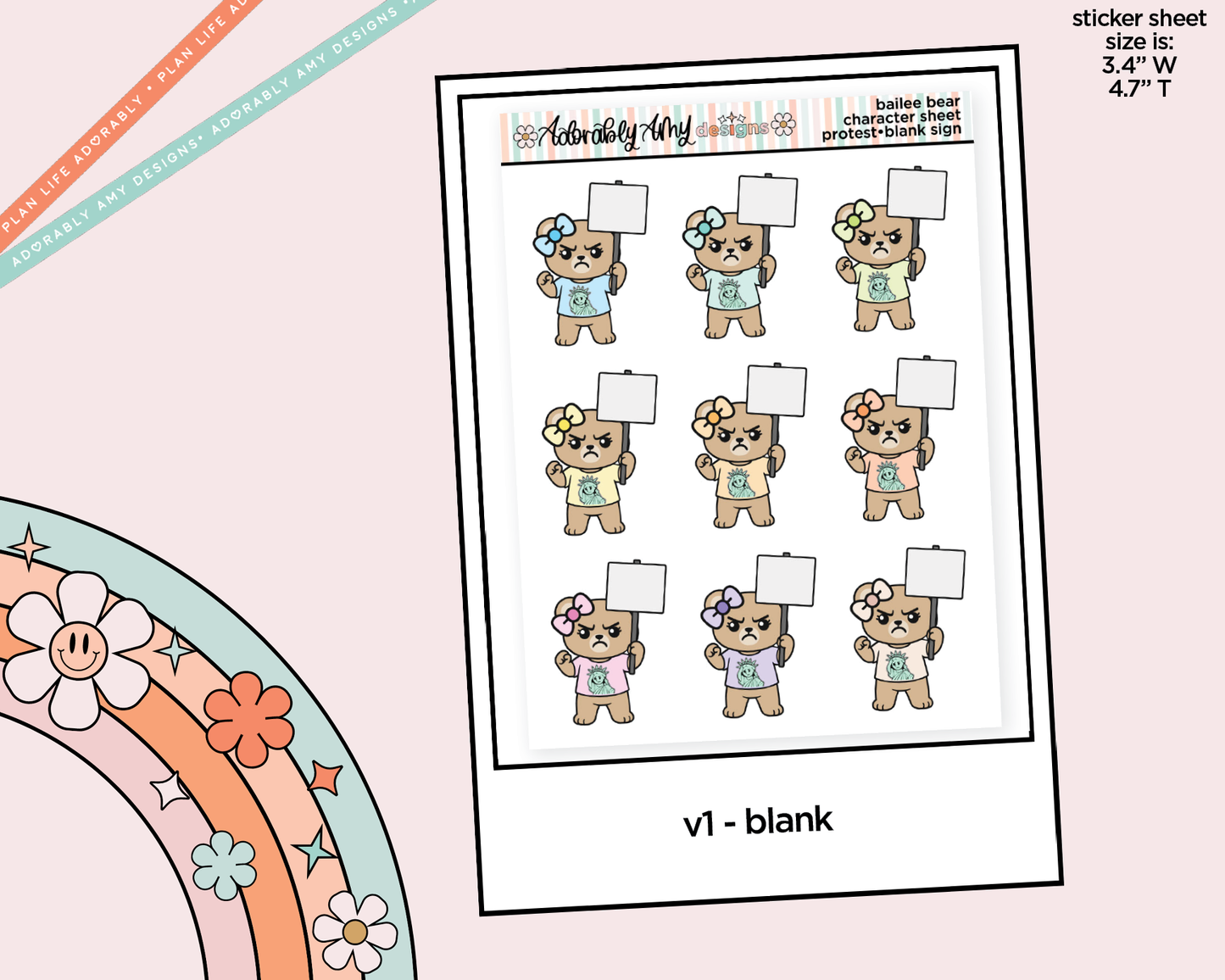 Bailee Bear Protestor - Liberty and Justice Decoration Character Planner Stickers - Adorably Amy Designs