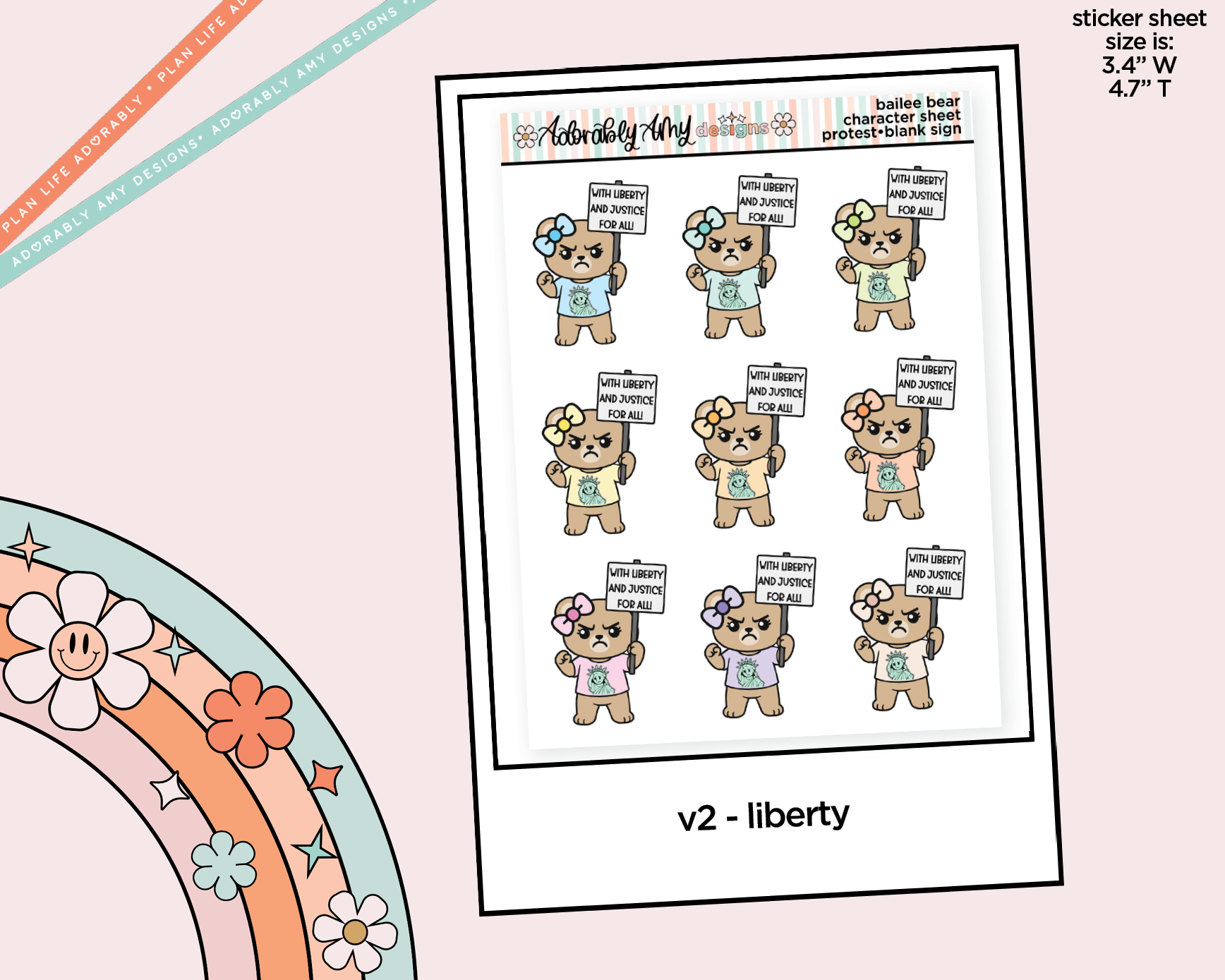 Bailee Bear Protestor - Liberty and Justice Decoration Character Planner Stickers - Adorably Amy Designs