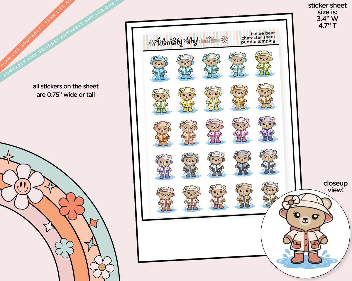Bailee Bear Puddle Jumping-Rainy Day Decoration Character Planner Stickers - Adorably Amy Designs