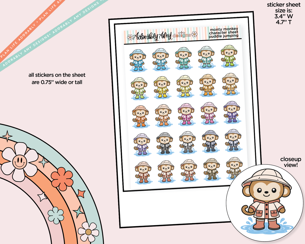 Monty the Monkey Puddle Jumping-Rainy Day Decoration Character Planner Stickers - Adorably Amy Designs