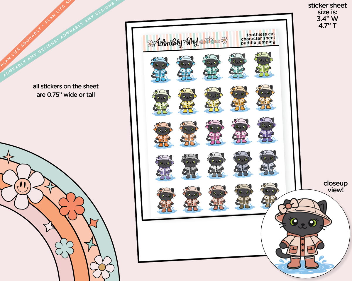 Toothless Cat Puddle Jumping-Rainy Day Decoration Character Planner Stickers - Adorably Amy Designs