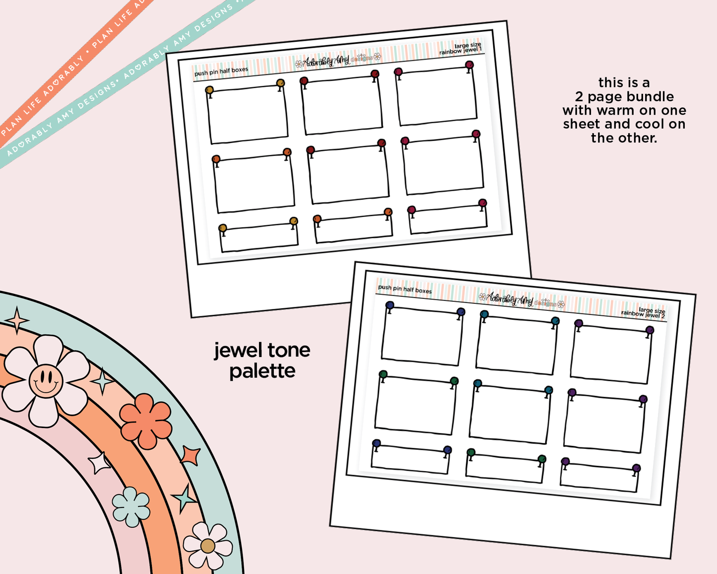 Rainbow Doodled Push Pin Half Boxes Large/Jumbo Size Planner Stickers - Adorably Amy Designs