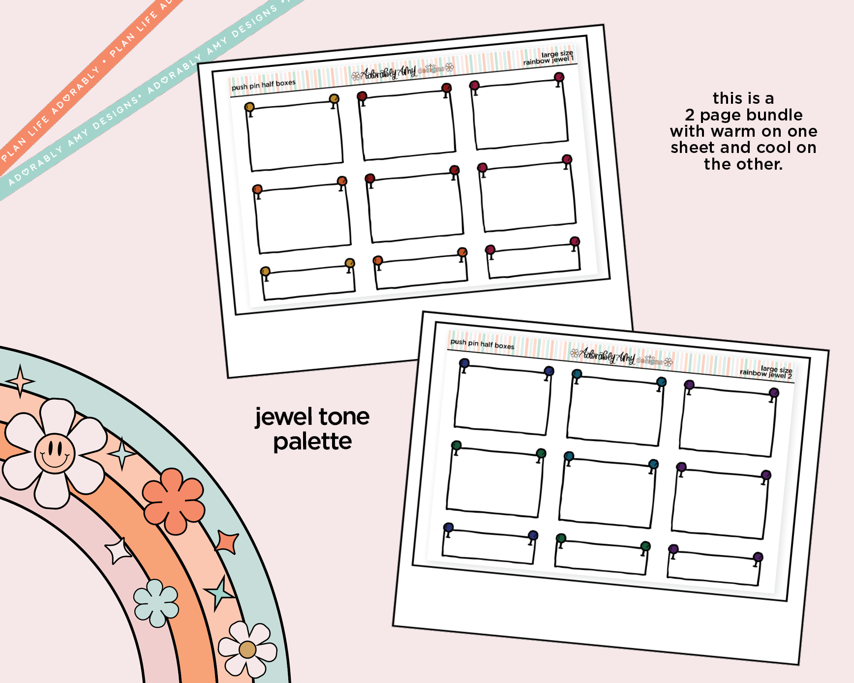Rainbow Doodled Push Pin Half Boxes Large/Jumbo Size Planner Stickers - Adorably Amy Designs