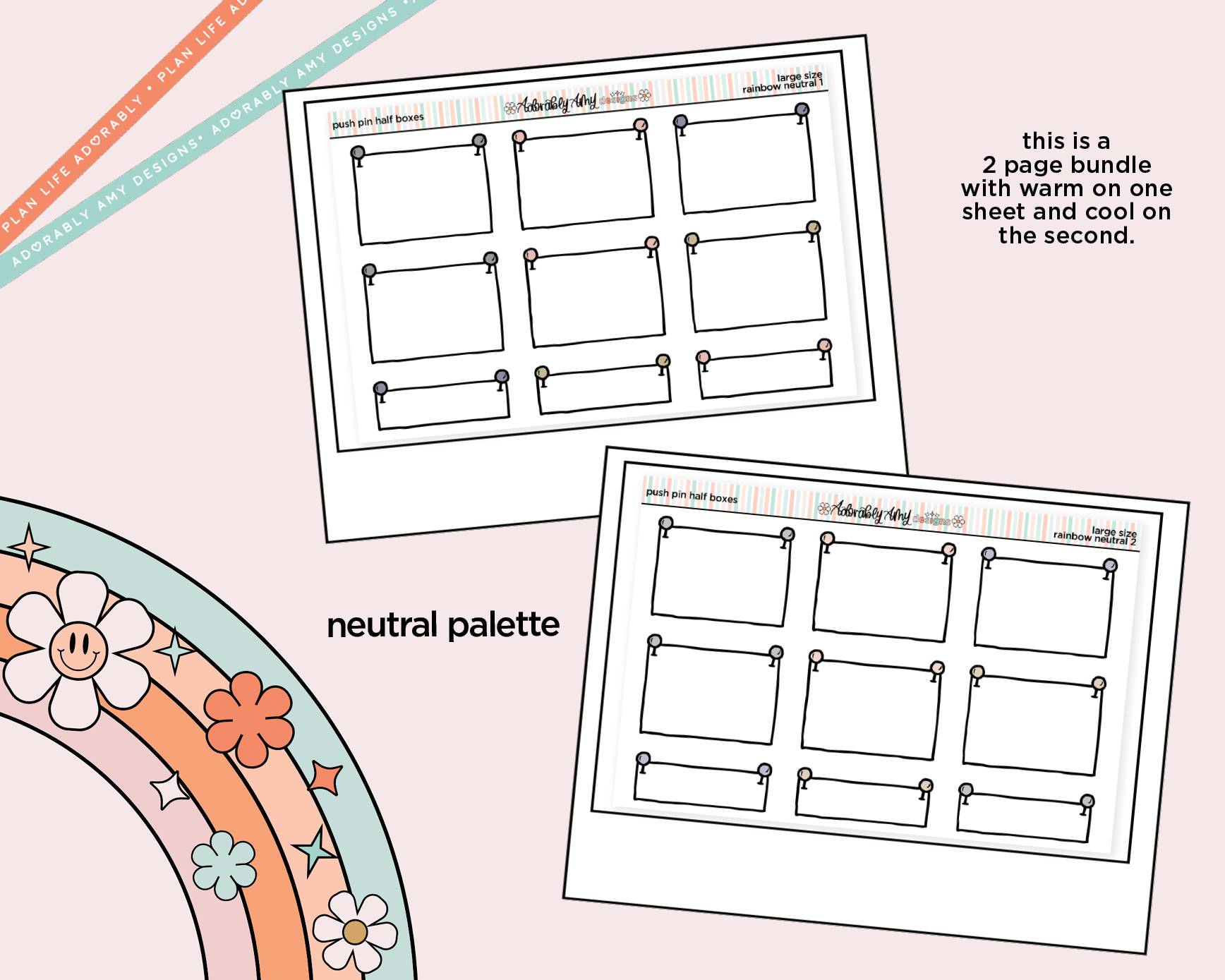 Rainbow Doodled Push Pin Half Boxes Large/Jumbo Size Planner Stickers - Adorably Amy Designs