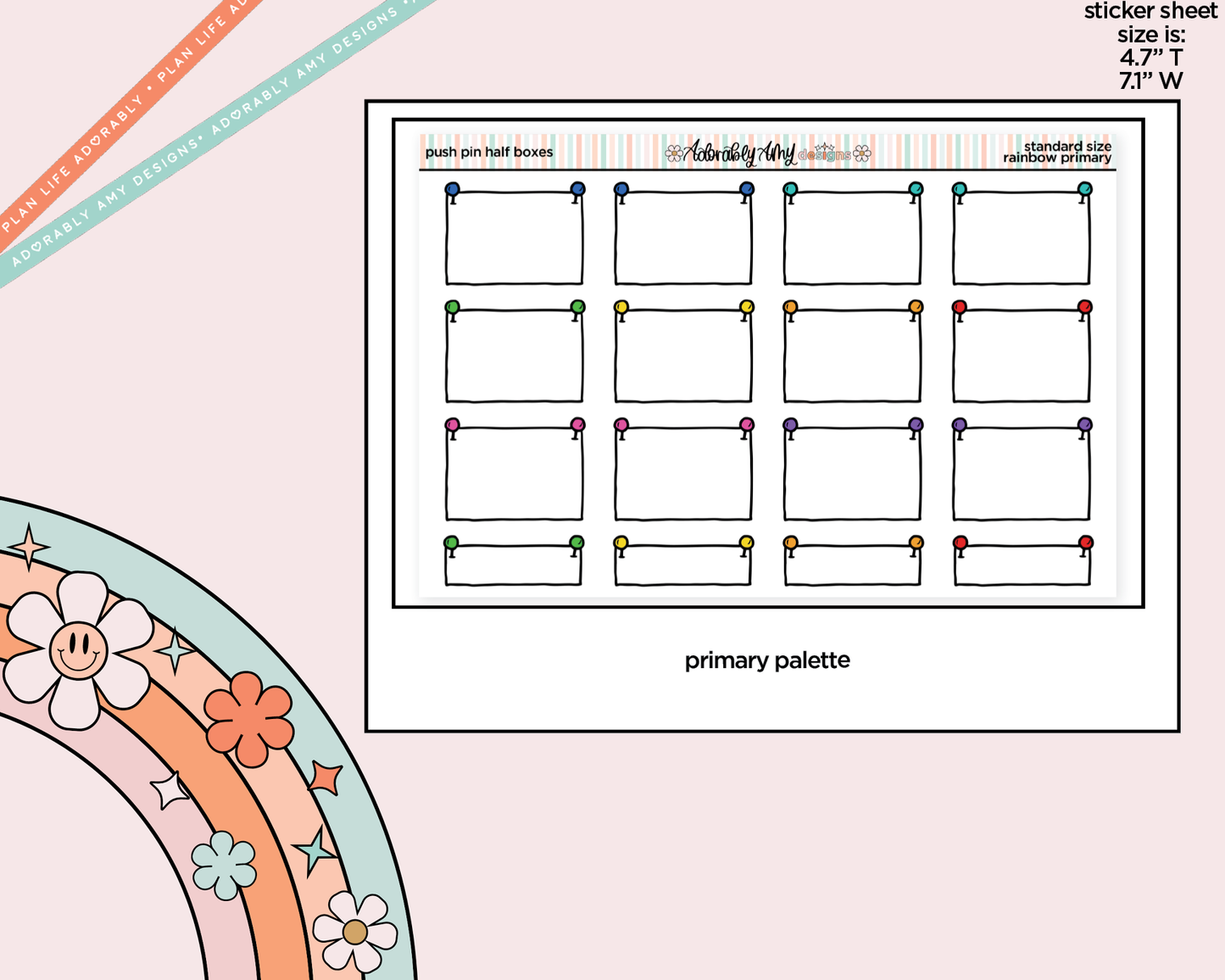 Rainbow Doodled Push Pin Half Boxes Standard Size Planner Stickers - Adorably Amy Designs
