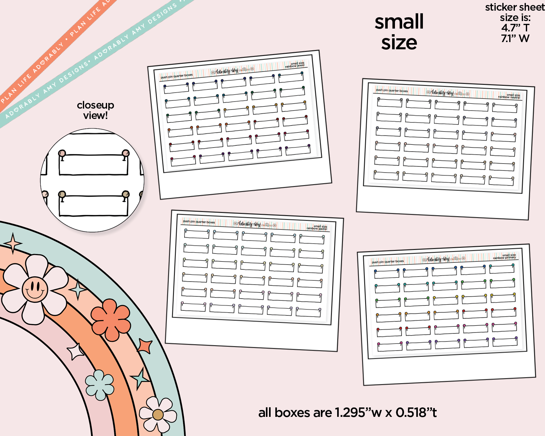 Rainbow Doodled Push Pin Quarter Boxes Small Size Stickers - Adorably Amy Designs