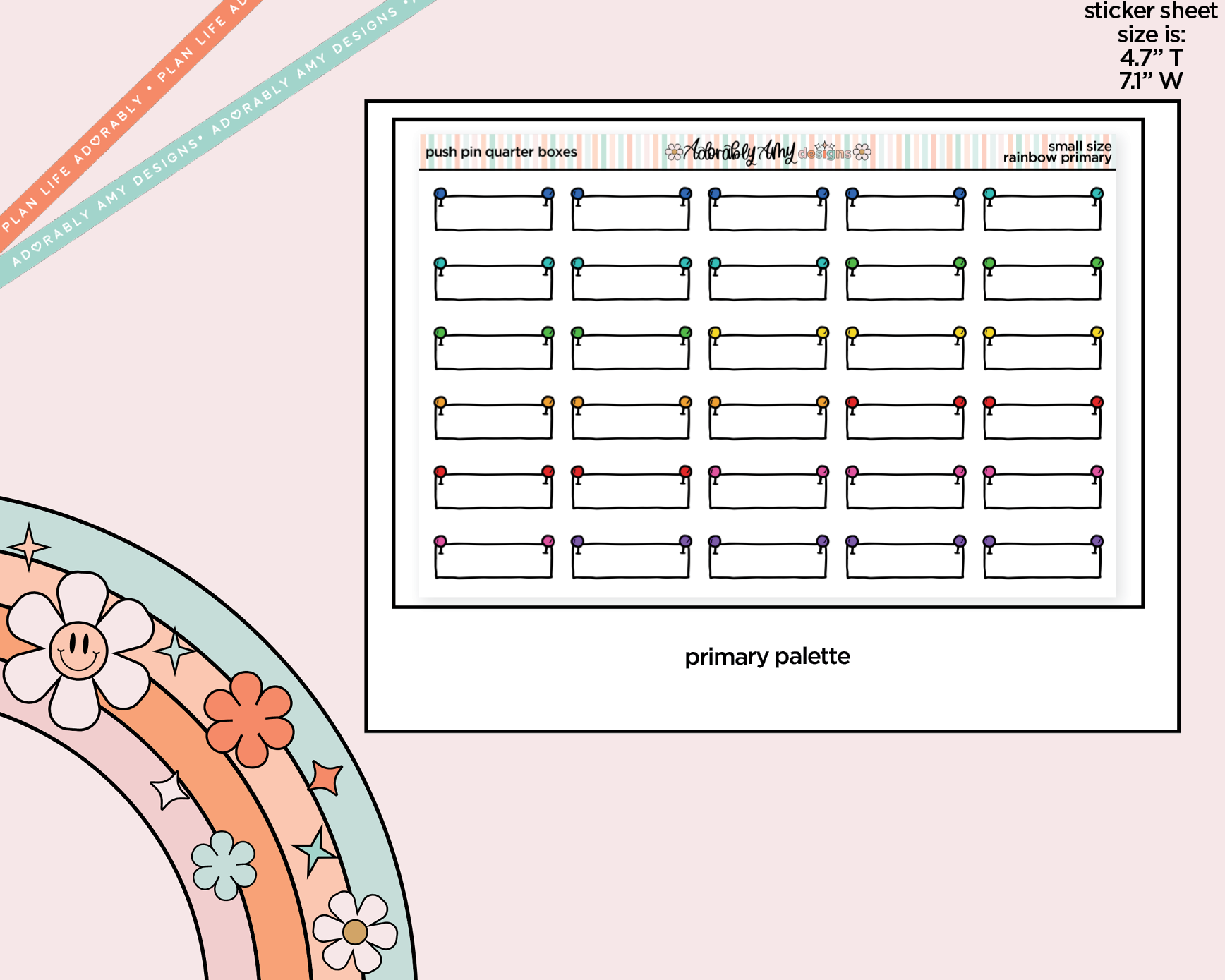 Rainbow Doodled Push Pin Quarter Boxes Small Size Stickers - Adorably Amy Designs