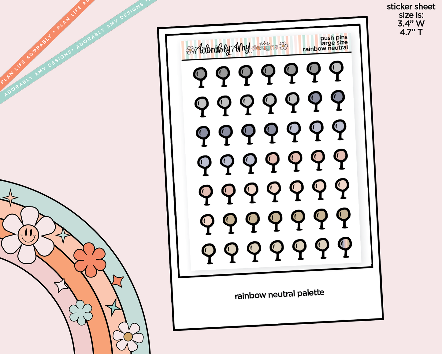 Rainbow Doodled Push Pin Deco Large/Jumbo Size Stickers for any Planner or Insert - Adorably Amy Designs