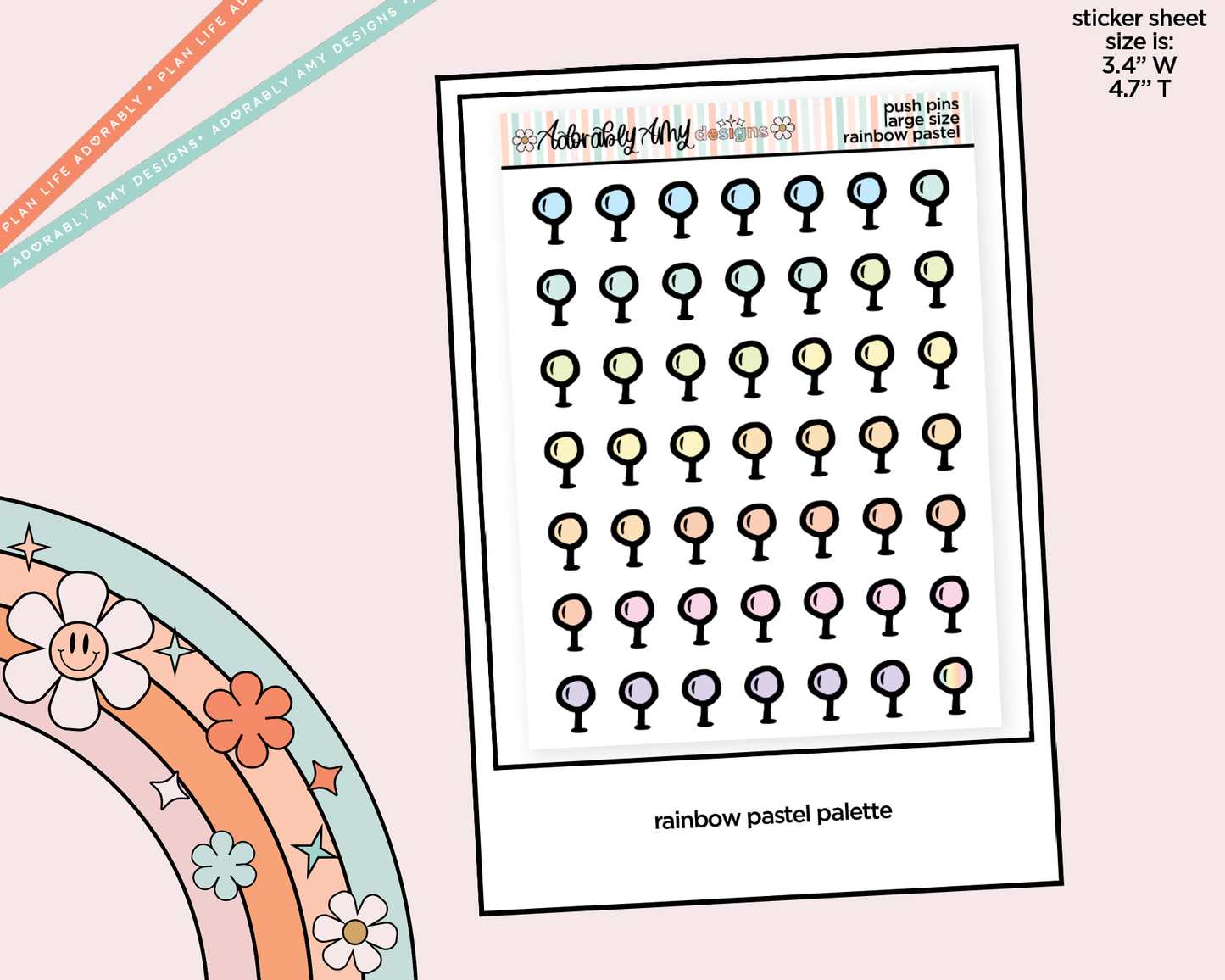 Rainbow Doodled Push Pin Deco Large/Jumbo Size Stickers for any Planner or Insert - Adorably Amy Designs