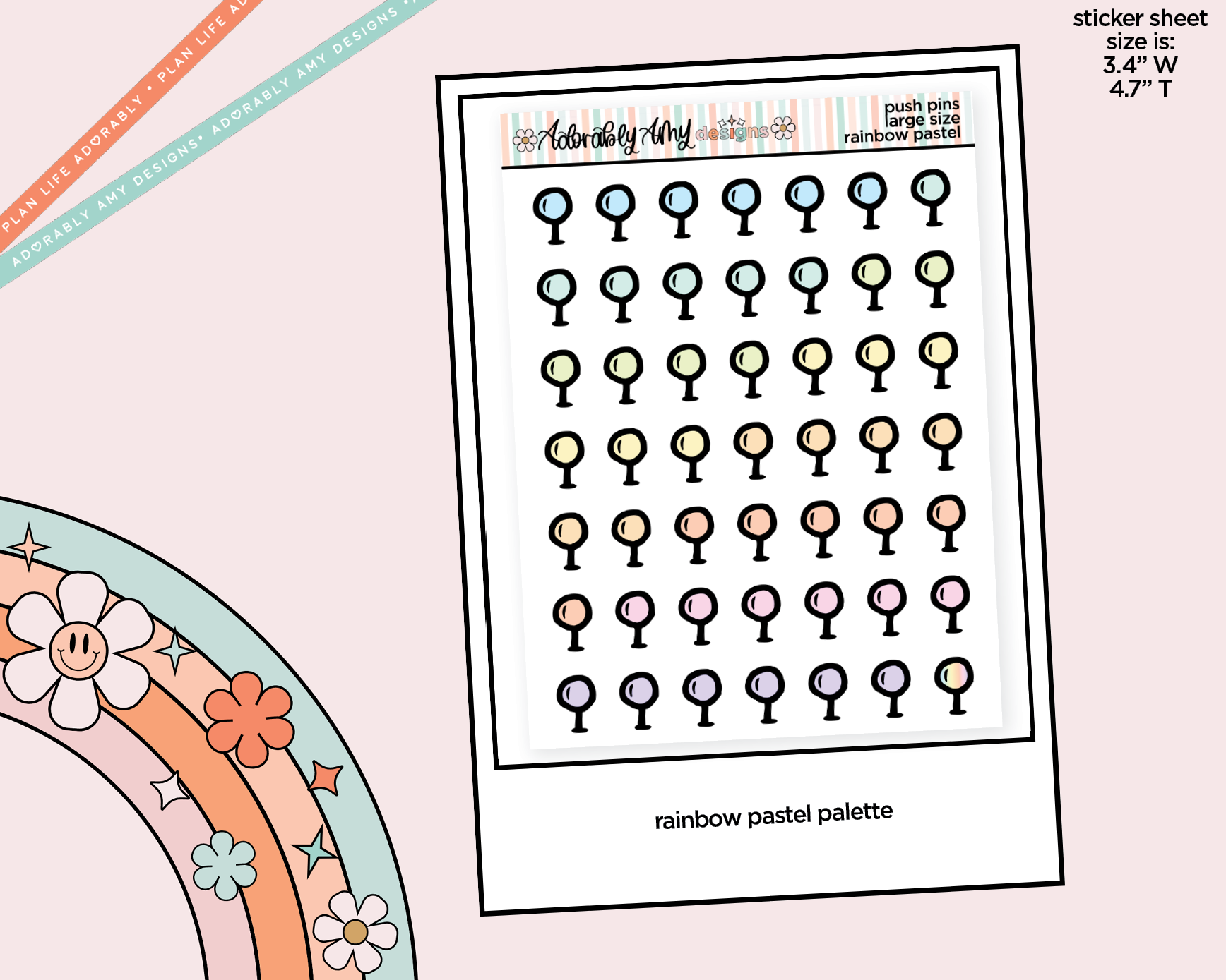 Rainbow Doodled Push Pin Deco Large/Jumbo Size Stickers for any Planner or Insert - Adorably Amy Designs