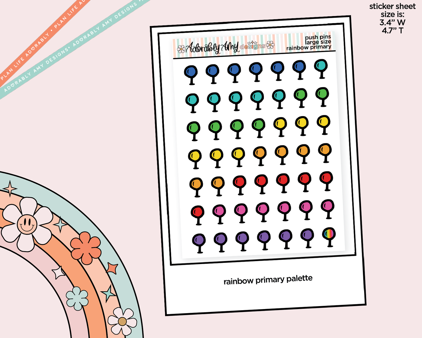Rainbow Doodled Push Pin Deco Large/Jumbo Size Stickers for any Planner or Insert - Adorably Amy Designs