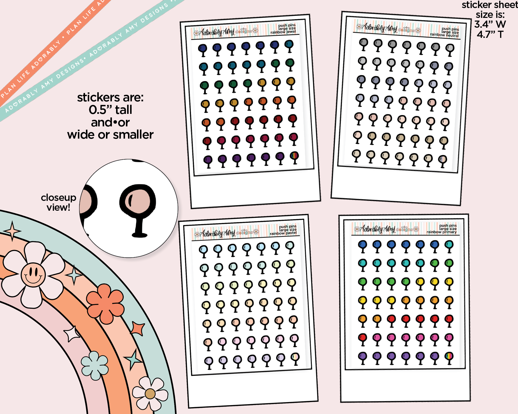 Rainbow Doodled Push Pin Deco Large/Jumbo Size Stickers for any Planner or Insert - Adorably Amy Designs