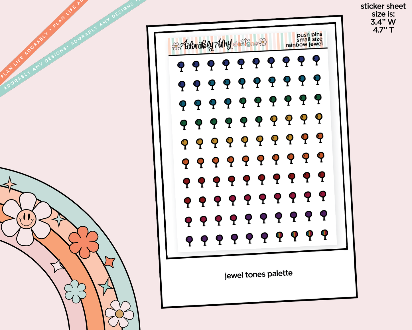 Rainbow Doodled Push Pin Deco Small Size Stickers for any Planner or Insert - Adorably Amy Designs