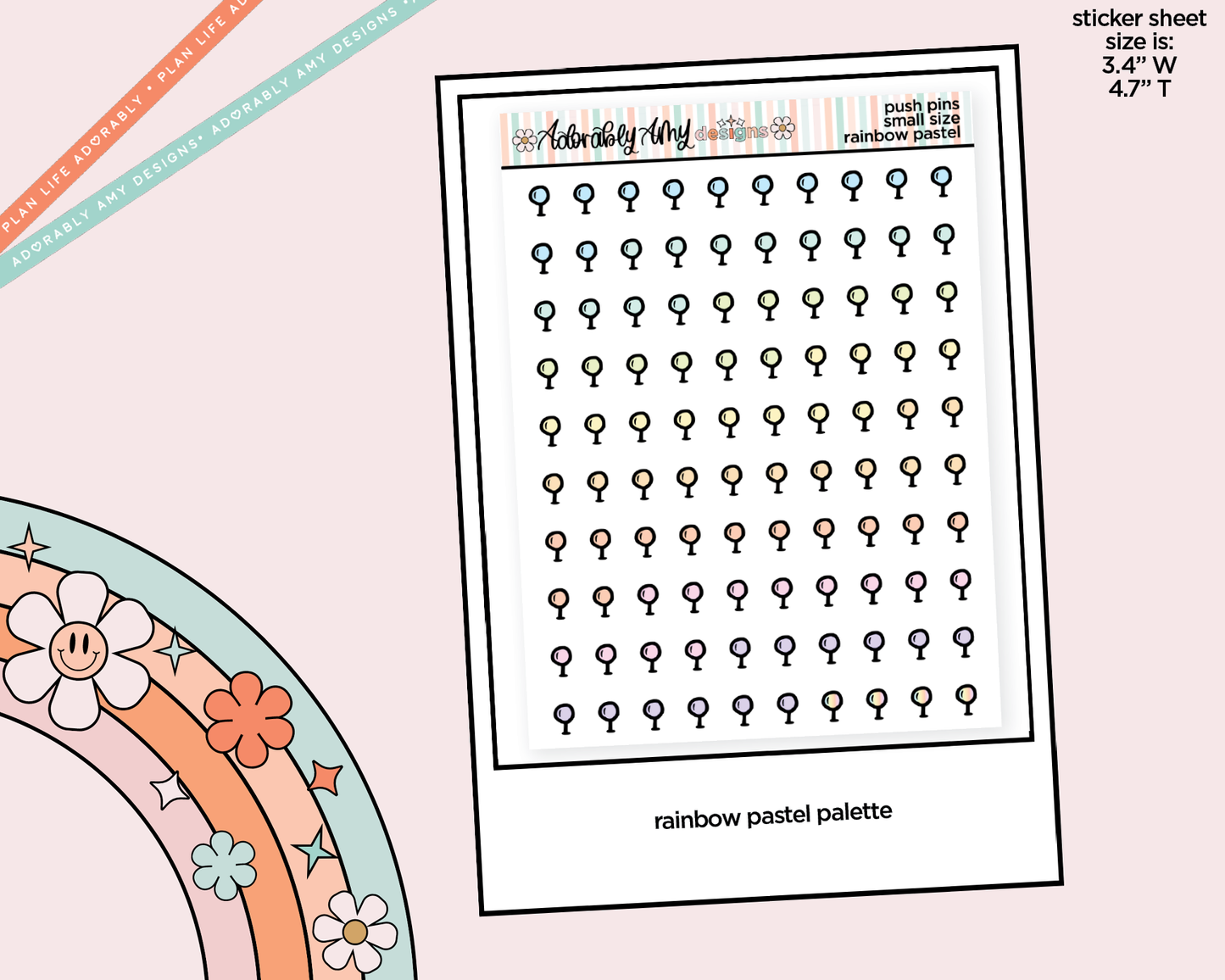 Rainbow Doodled Push Pin Deco Small Size Stickers for any Planner or Insert - Adorably Amy Designs