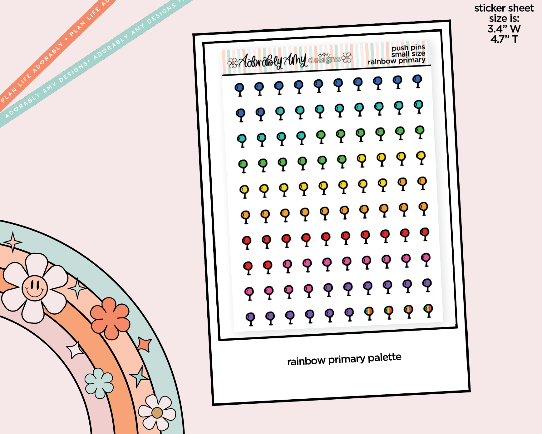 Rainbow Doodled Push Pin Deco Small Size Stickers for any Planner or Insert - Adorably Amy Designs