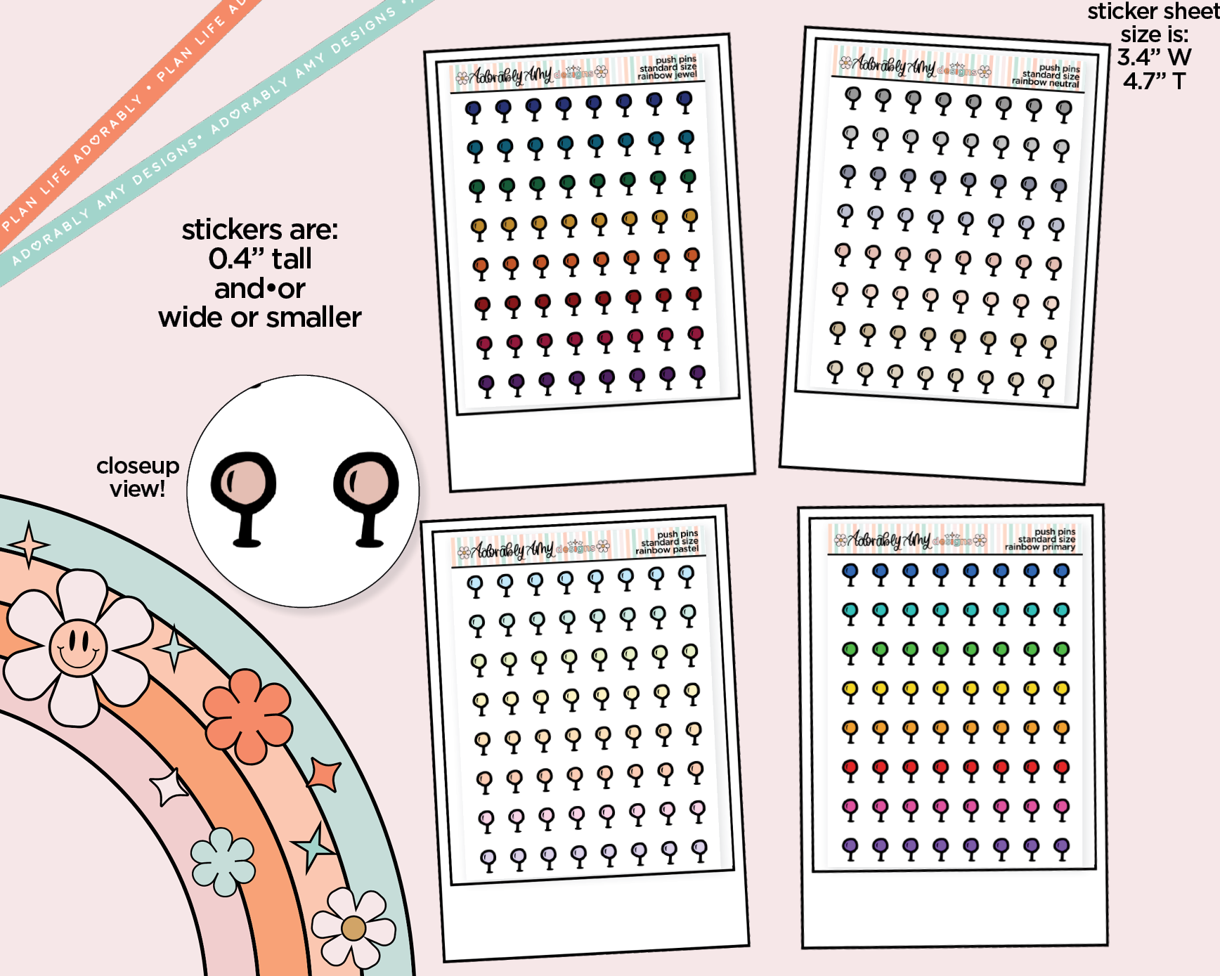 Rainbow Doodled Push Pin Deco Standard Size Stickers for any Planner or Insert - Adorably Amy Designs