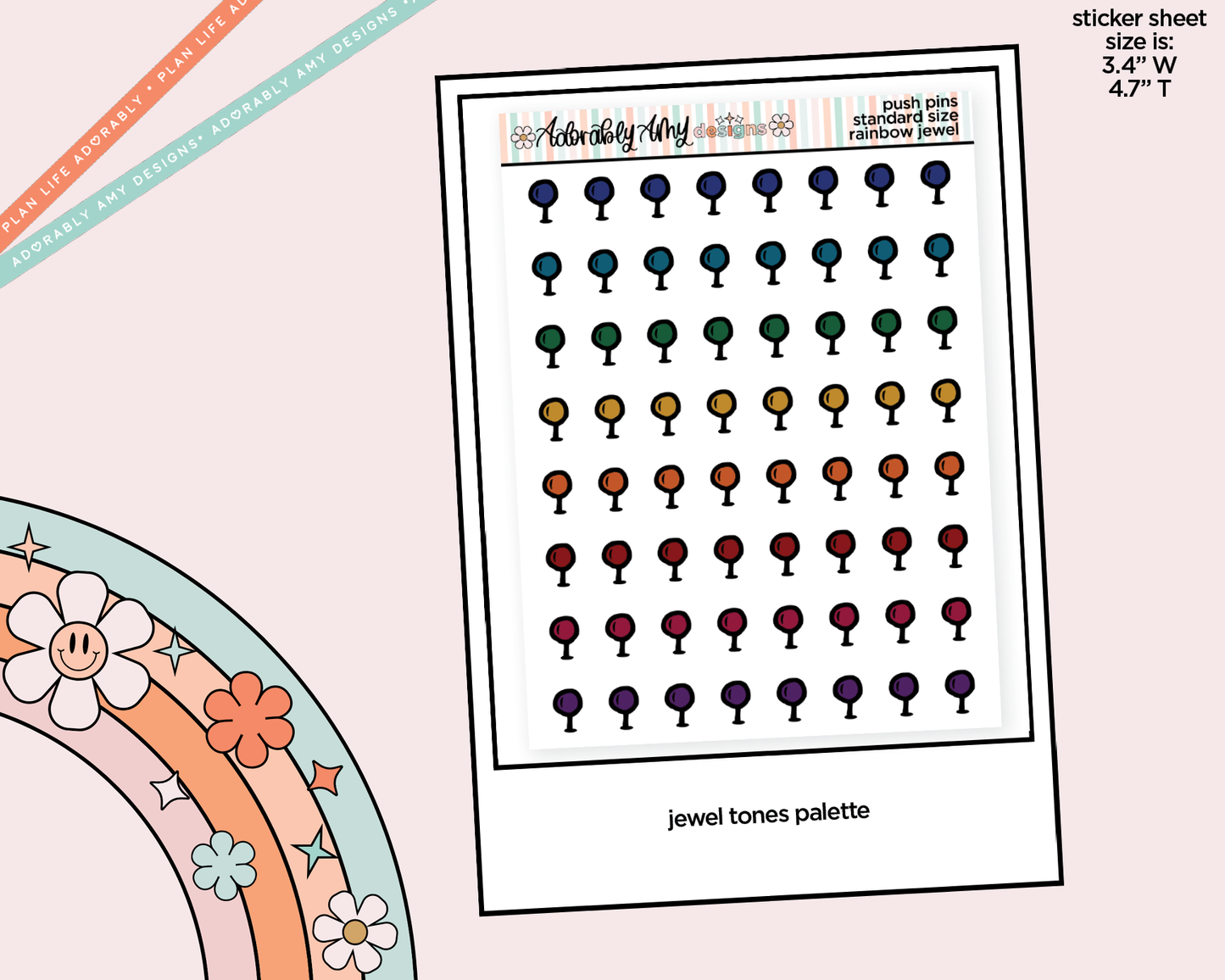 Rainbow Doodled Push Pin Deco Standard Size Stickers for any Planner or Insert - Adorably Amy Designs