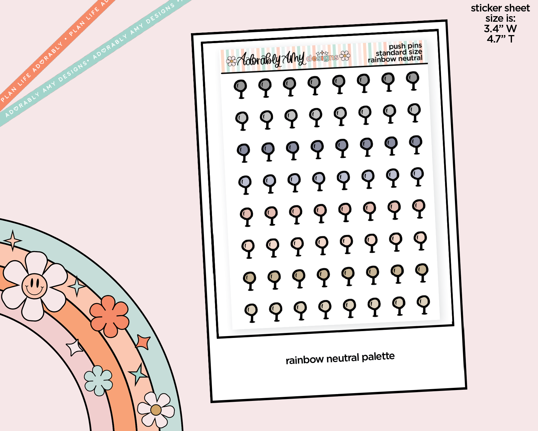 Rainbow Doodled Push Pin Deco Standard Size Stickers for any Planner or Insert - Adorably Amy Designs