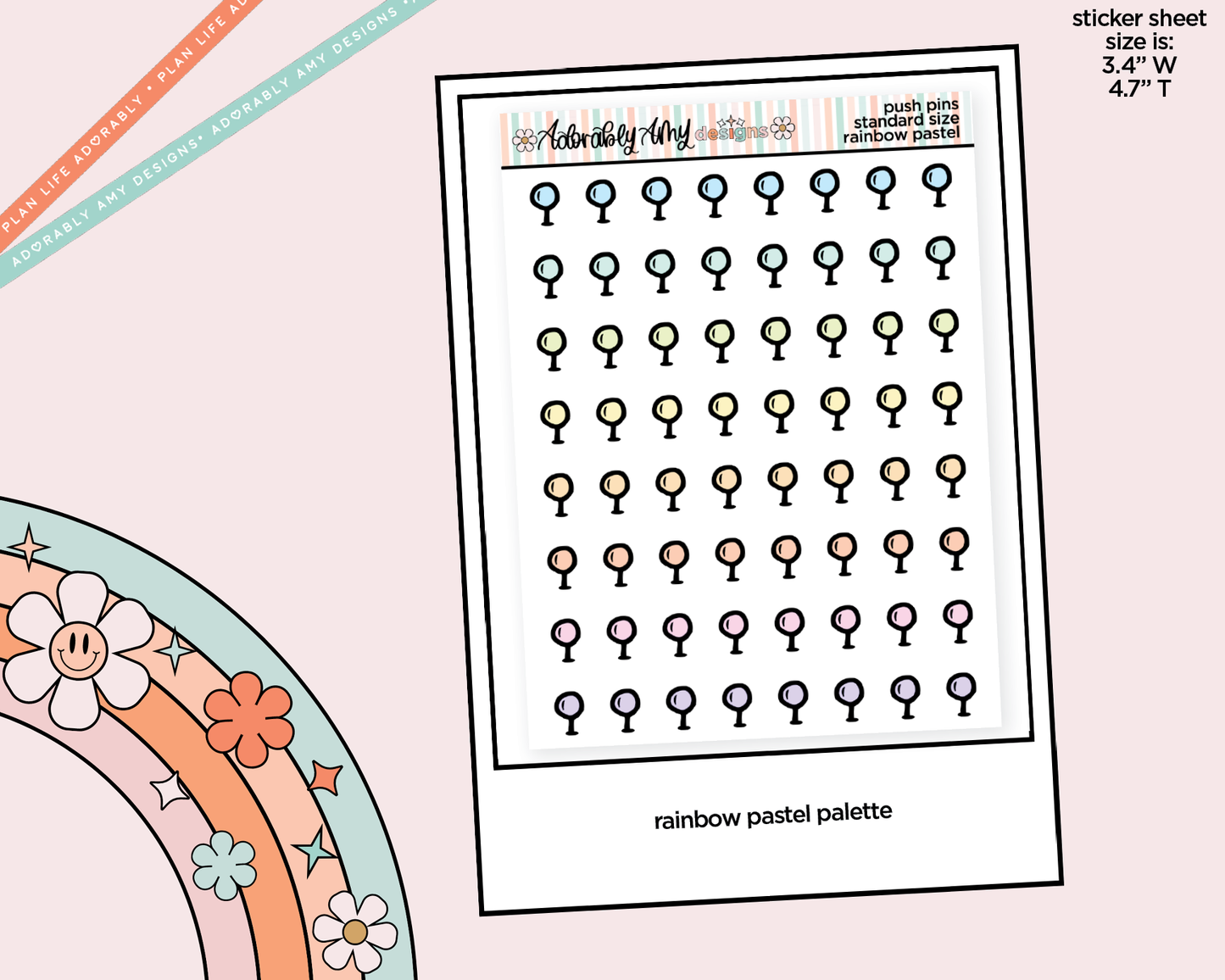 Rainbow Doodled Push Pin Deco Standard Size Stickers for any Planner or Insert - Adorably Amy Designs
