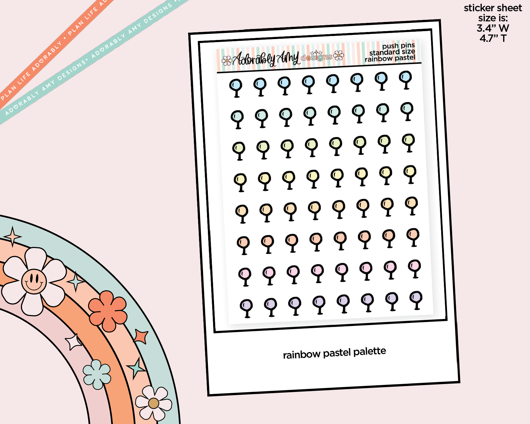 Rainbow Doodled Push Pin Deco Standard Size Stickers for any Planner or Insert - Adorably Amy Designs