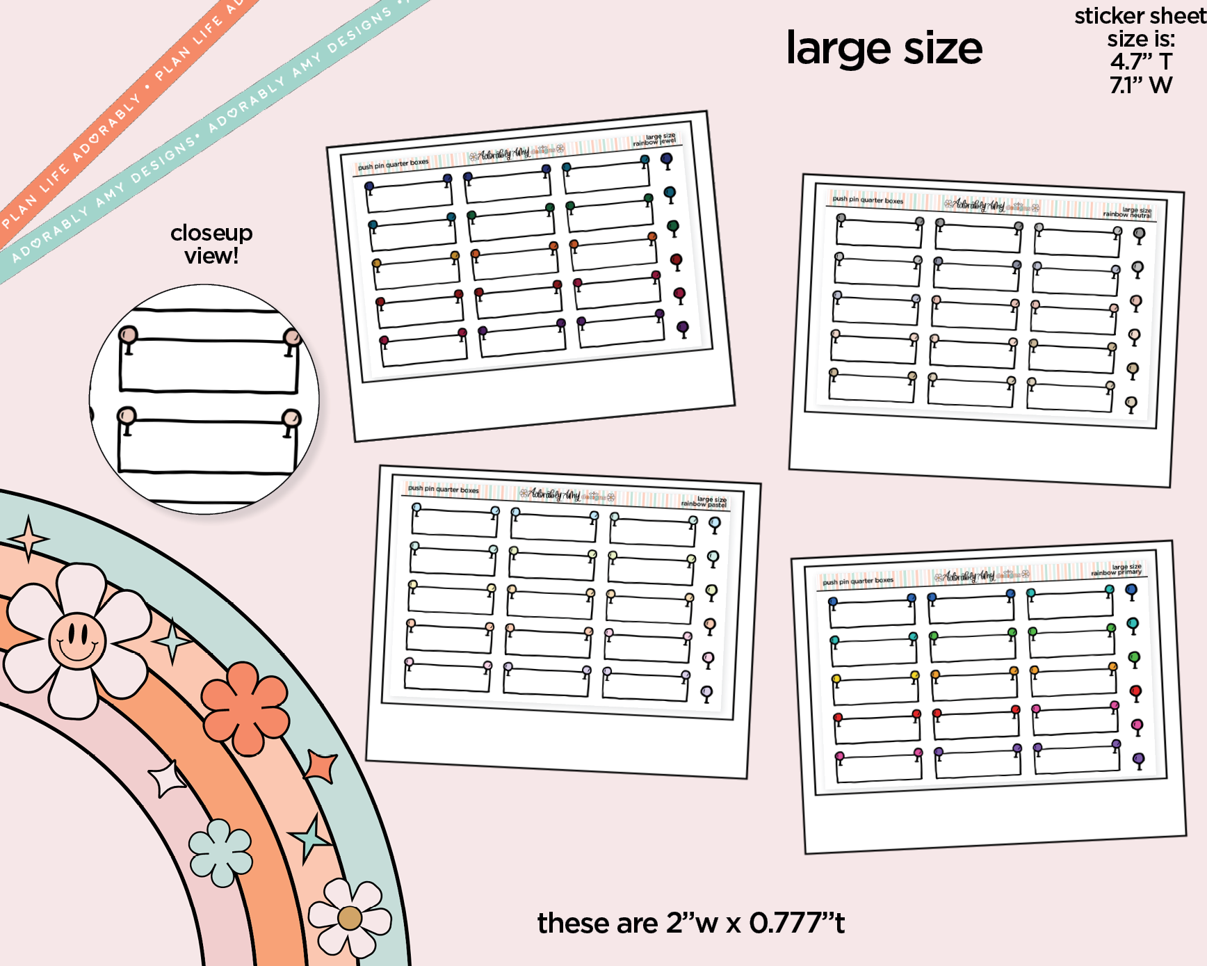 Rainbow Doodled Push Pin Quarter Boxes Large/Jumbo Size Stickers - Adorably Amy Designs