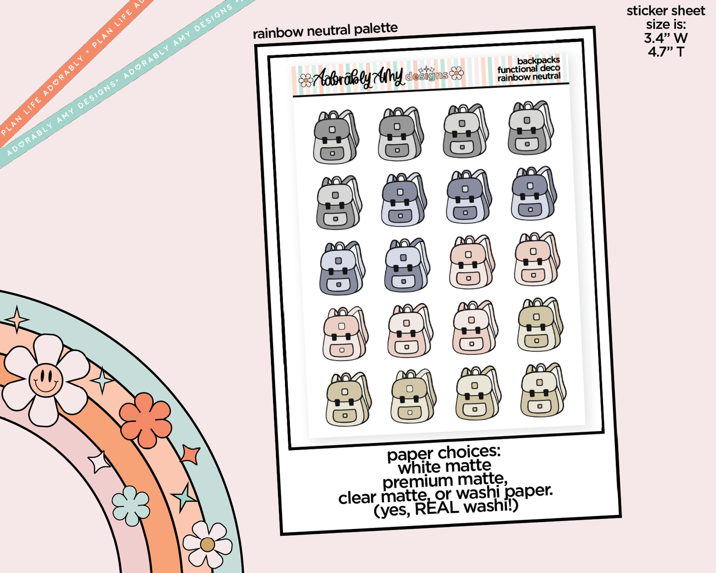 Rainbow School Backpacks Doodled Stickers for any Planner or Insert