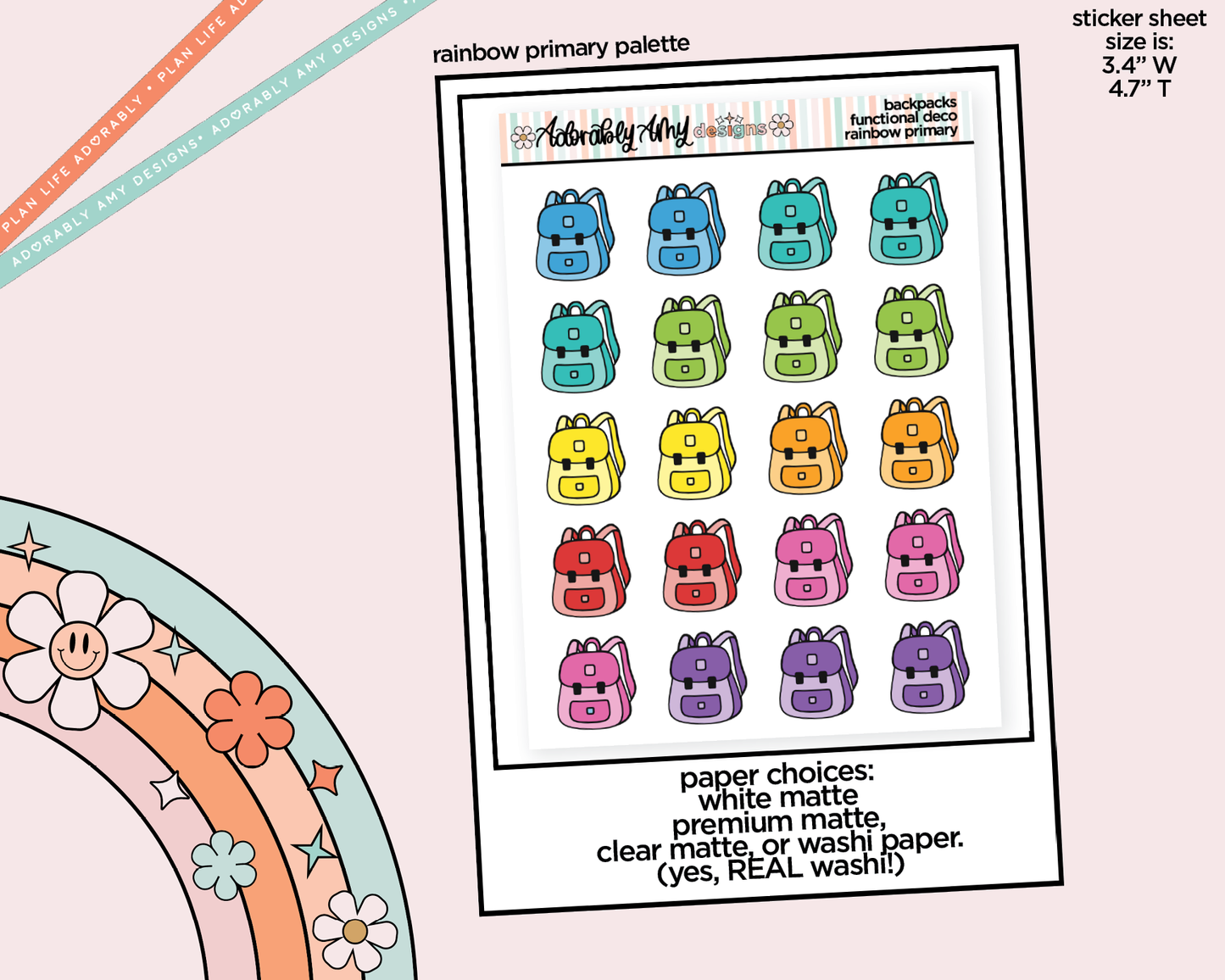 Rainbow School Backpacks Doodled Stickers for any Planner or Insert