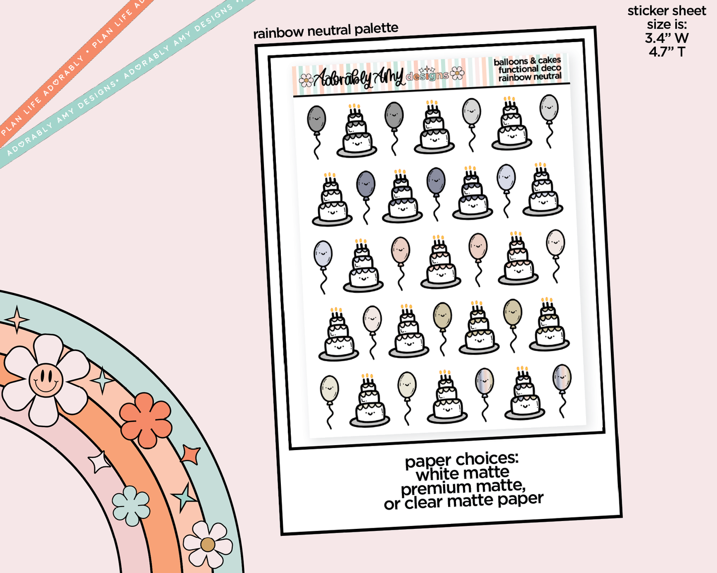 Rainbow Balloons & Cakes Doodled Stickers for any Planner or Insert