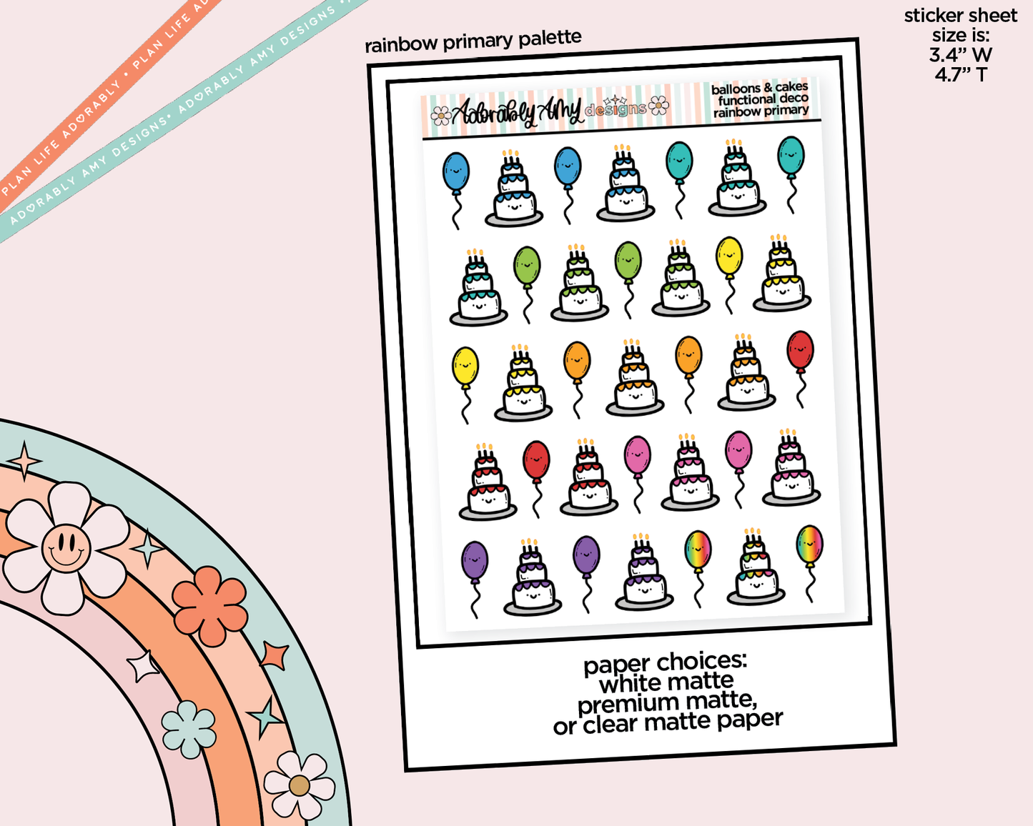 Rainbow Balloons & Cakes Doodled Stickers for any Planner or Insert