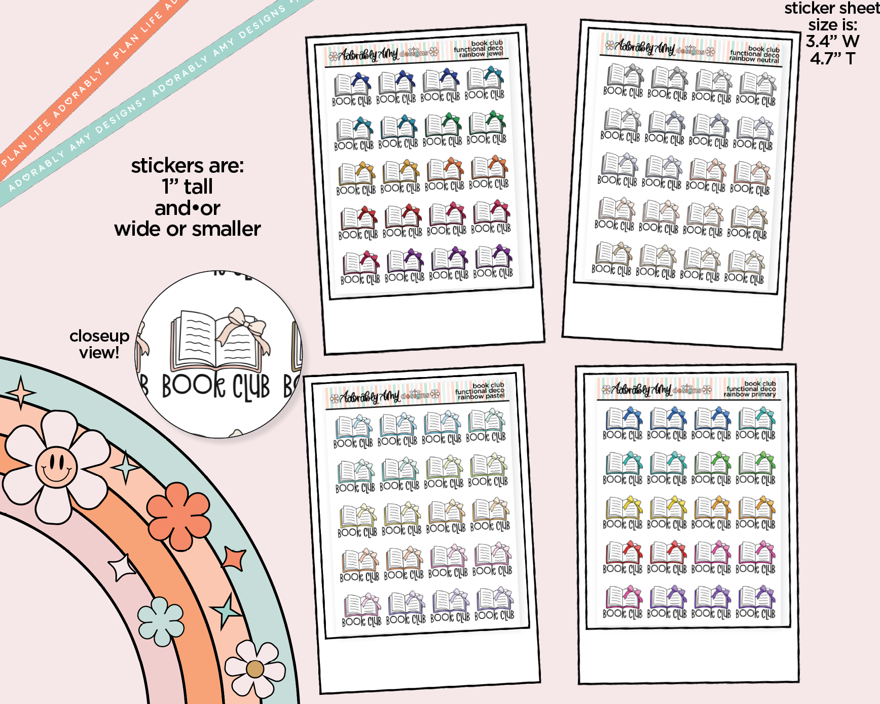 Rainbow Book Club Doodled Functional Typography Stickers - Adorably Amy Designs