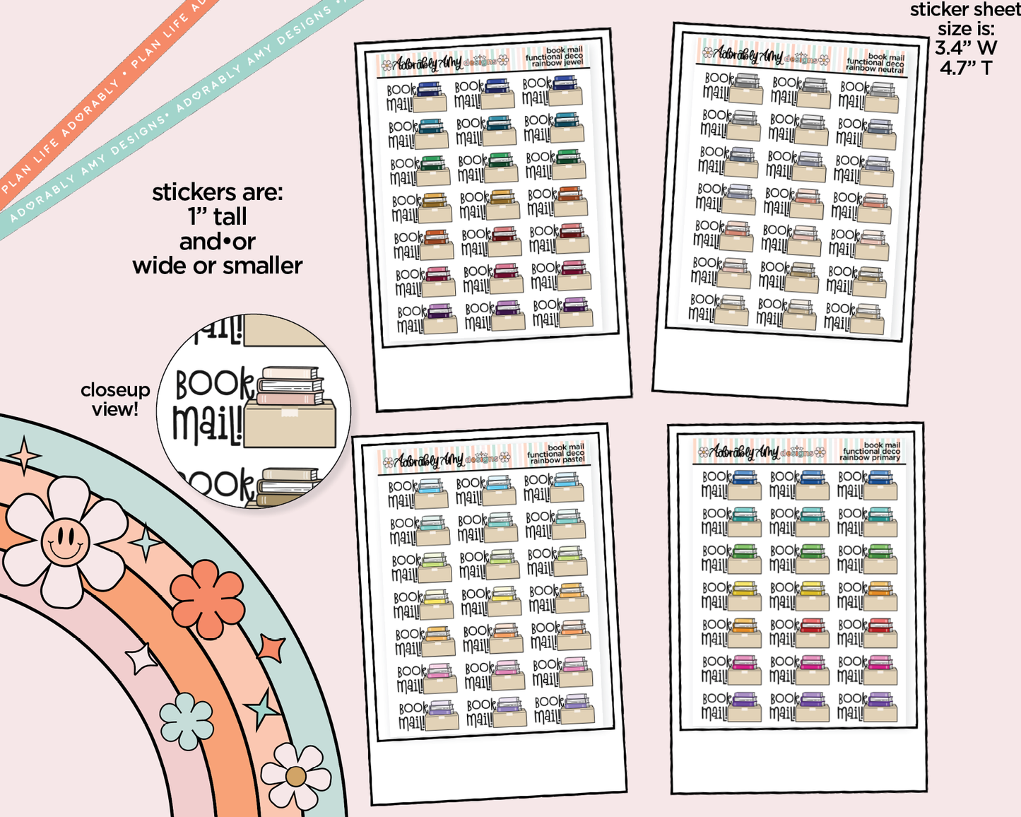Rainbow Book Mail Doodled Functional Typography Stickers - Adorably Amy Designs