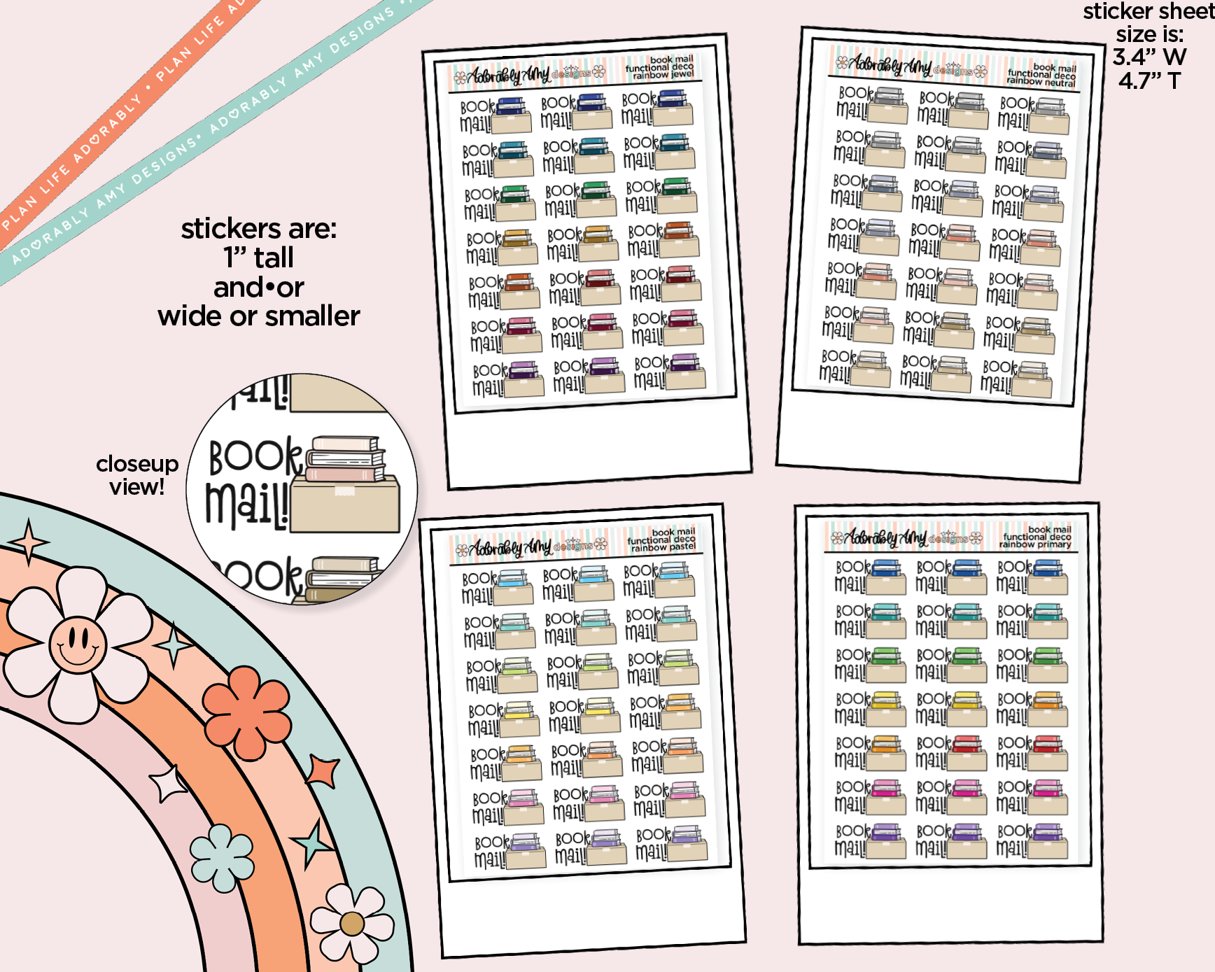 Rainbow Book Mail Doodled Functional Typography Stickers - Adorably Amy Designs
