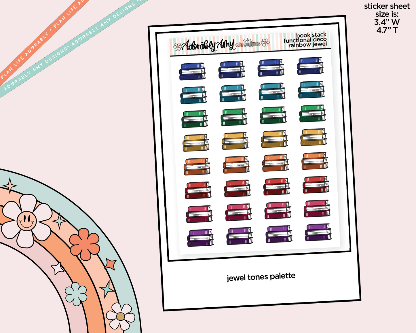 Rainbow Book Stacks Doodled Icon Stickers - Adorably Amy Designs