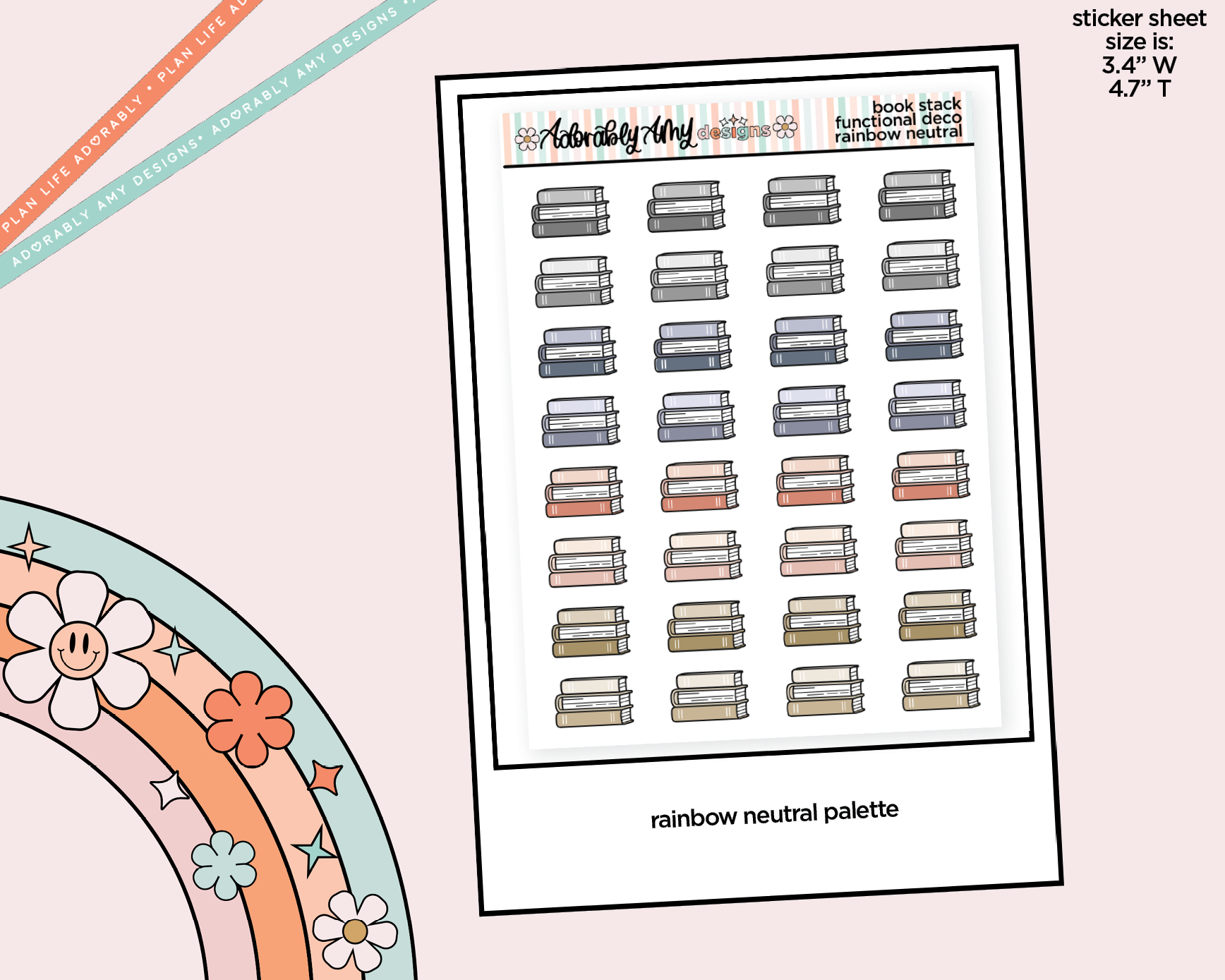 Rainbow Book Stacks Doodled Icon Stickers - Adorably Amy Designs