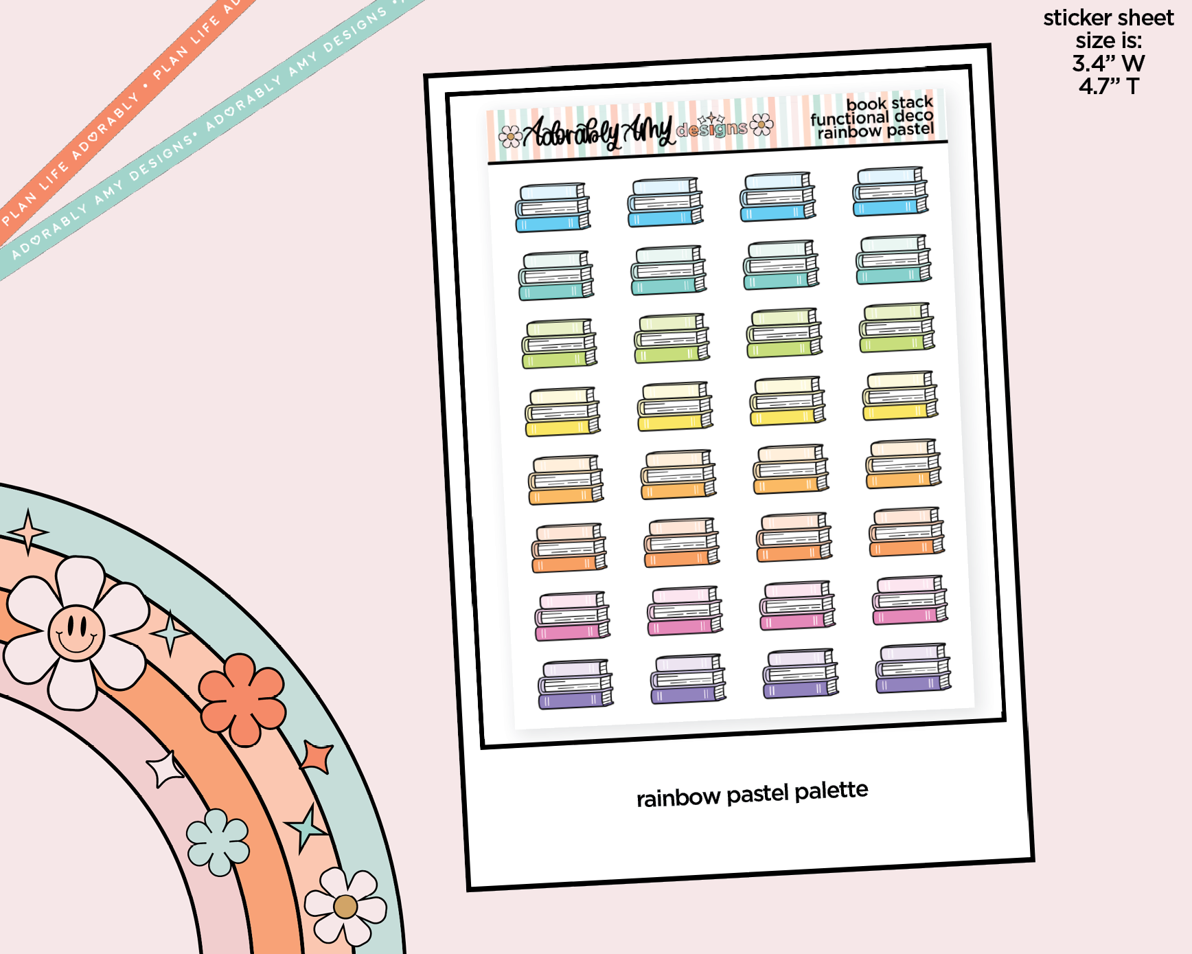 Rainbow Book Stacks Doodled Icon Stickers - Adorably Amy Designs
