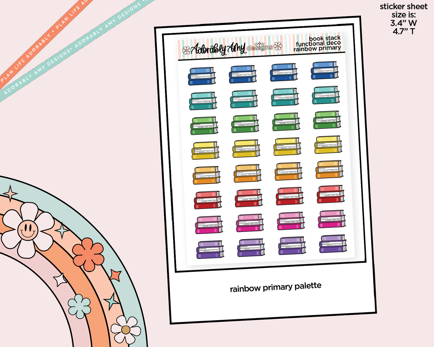 Rainbow Book Stacks Doodled Icon Stickers - Adorably Amy Designs