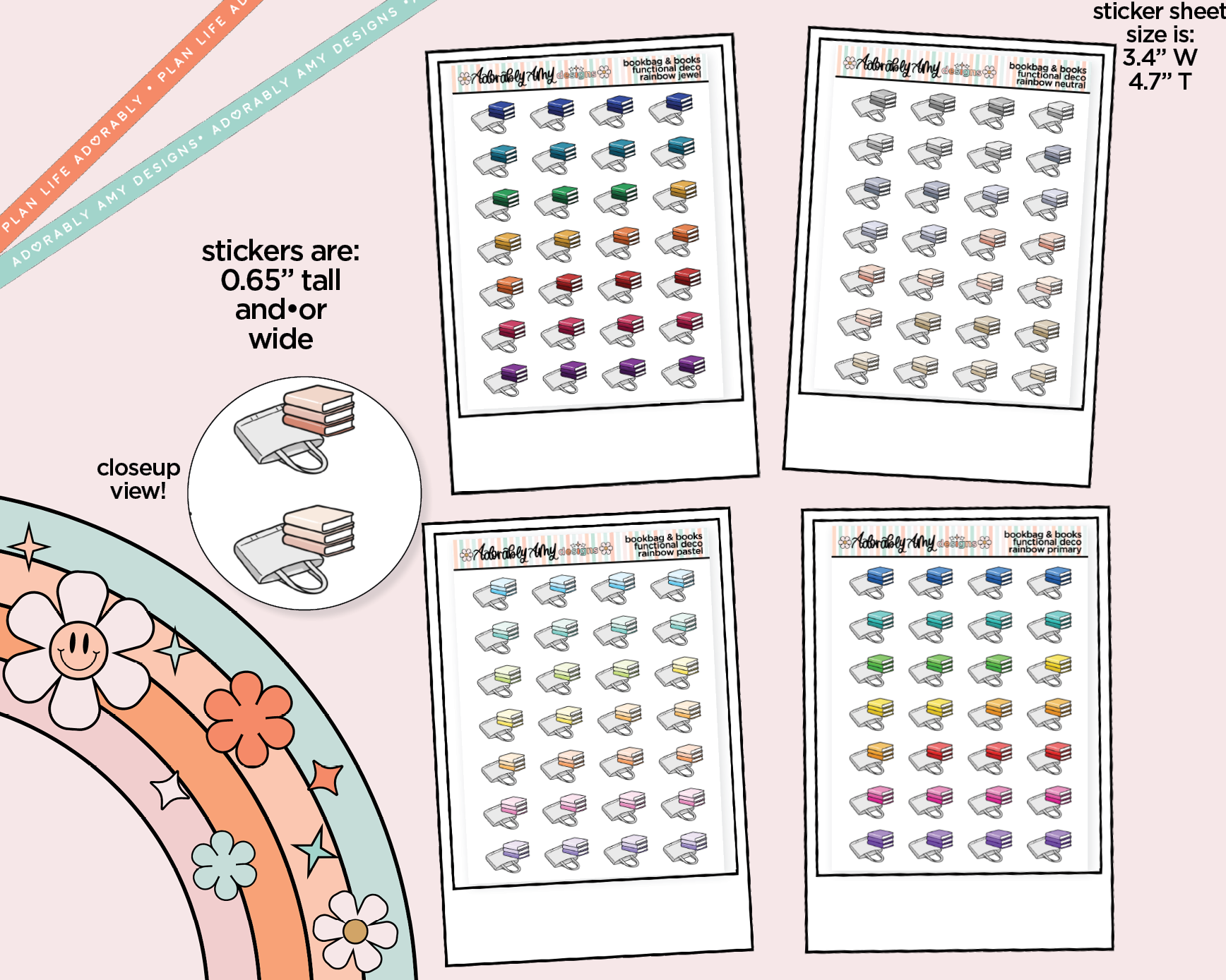 Rainbow Books & Bookbag Doodled Icon Stickers - Adorably Amy Designs
