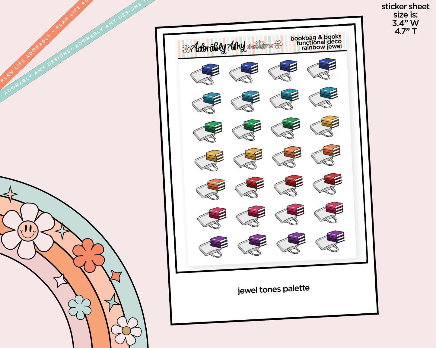Rainbow Books & Bookbag Doodled Icon Stickers - Adorably Amy Designs