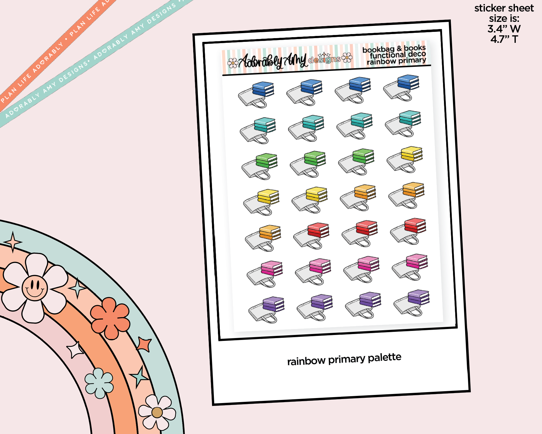Rainbow Books & Bookbag Doodled Icon Stickers - Adorably Amy Designs
