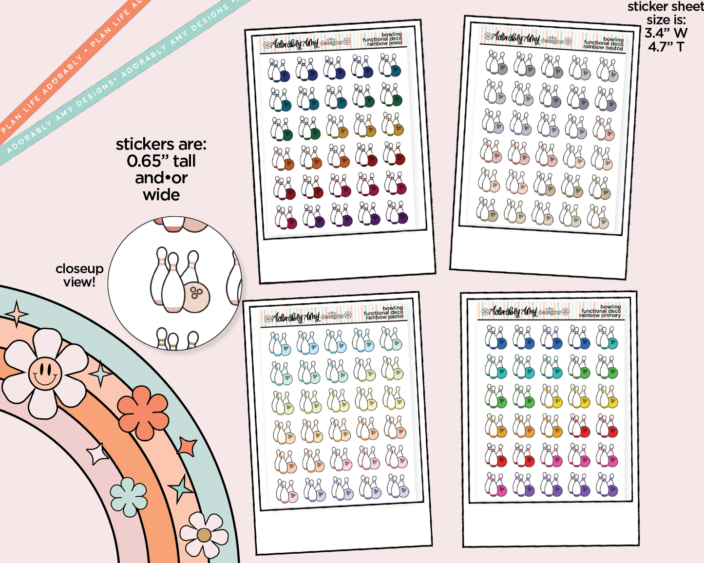 Rainbow Bowling Pins Doodled Icon Stickers - Adorably Amy Designs