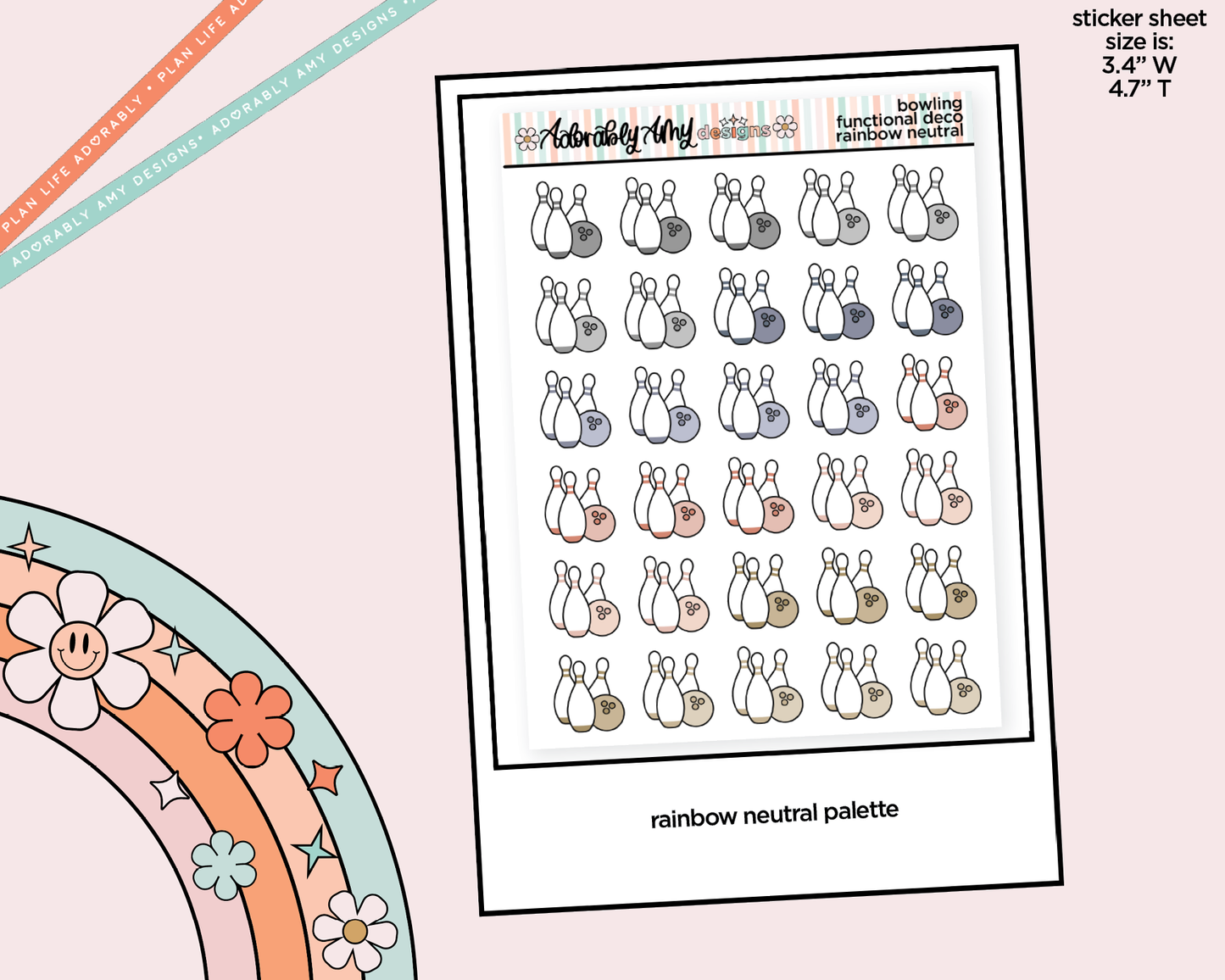 Rainbow Bowling Pins Doodled Icon Stickers - Adorably Amy Designs