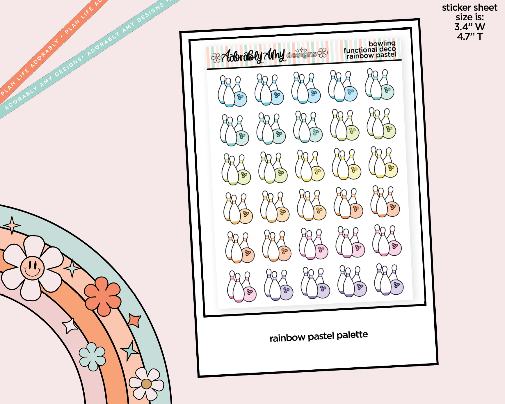 Rainbow Bowling Pins Doodled Icon Stickers - Adorably Amy Designs